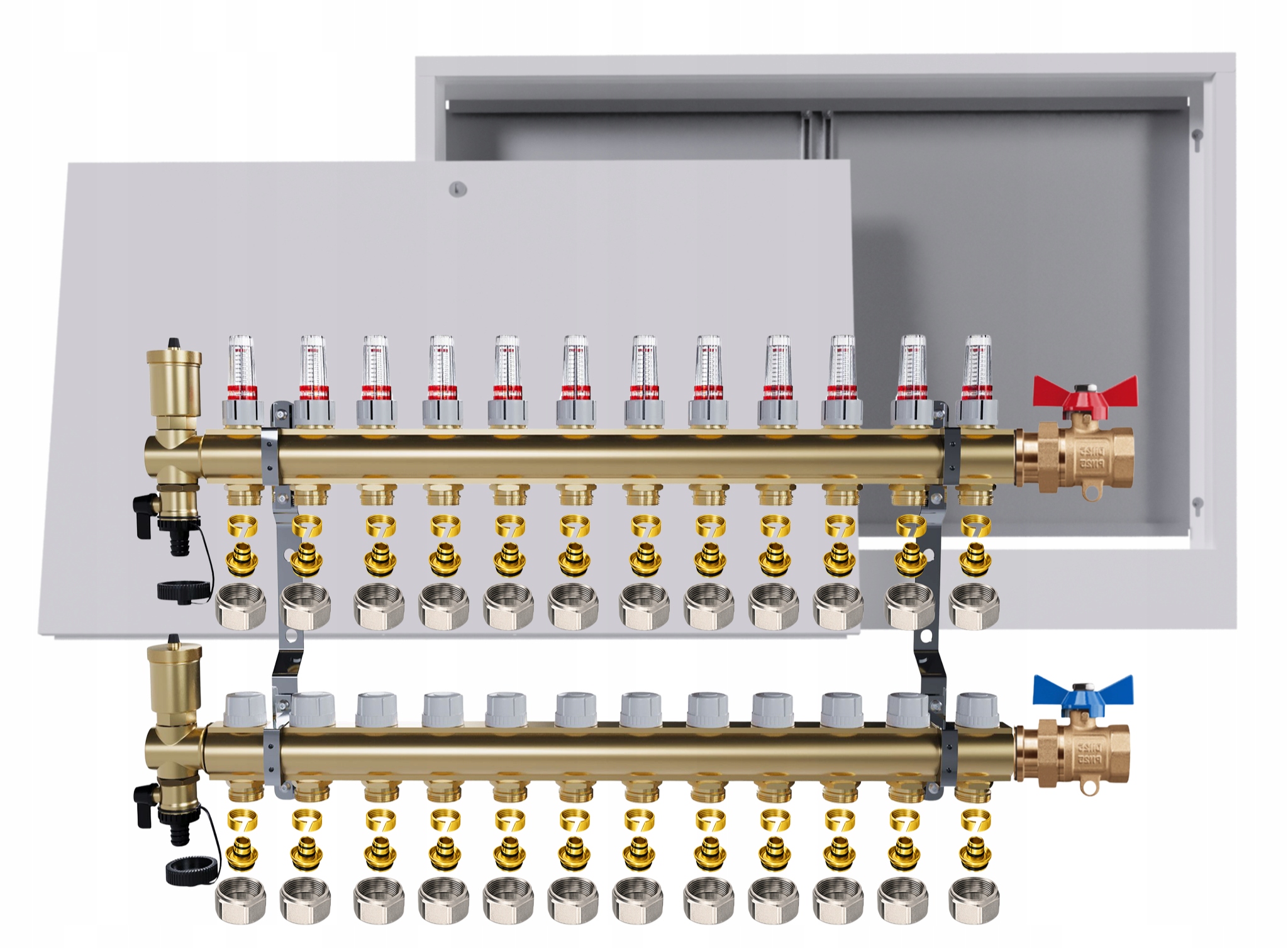 Mosazný rozdělovač podlahových krytin 12 okruhů skříňka jednoduchý ventil Pex
