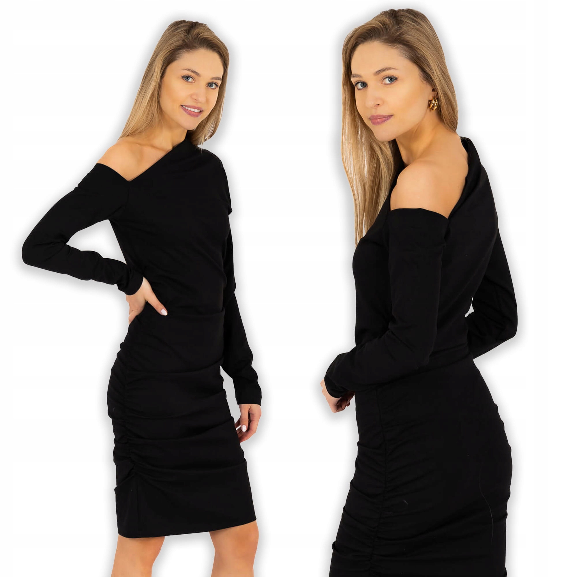 Přiléhavá midi šaty s drapováním po stranách, černá L