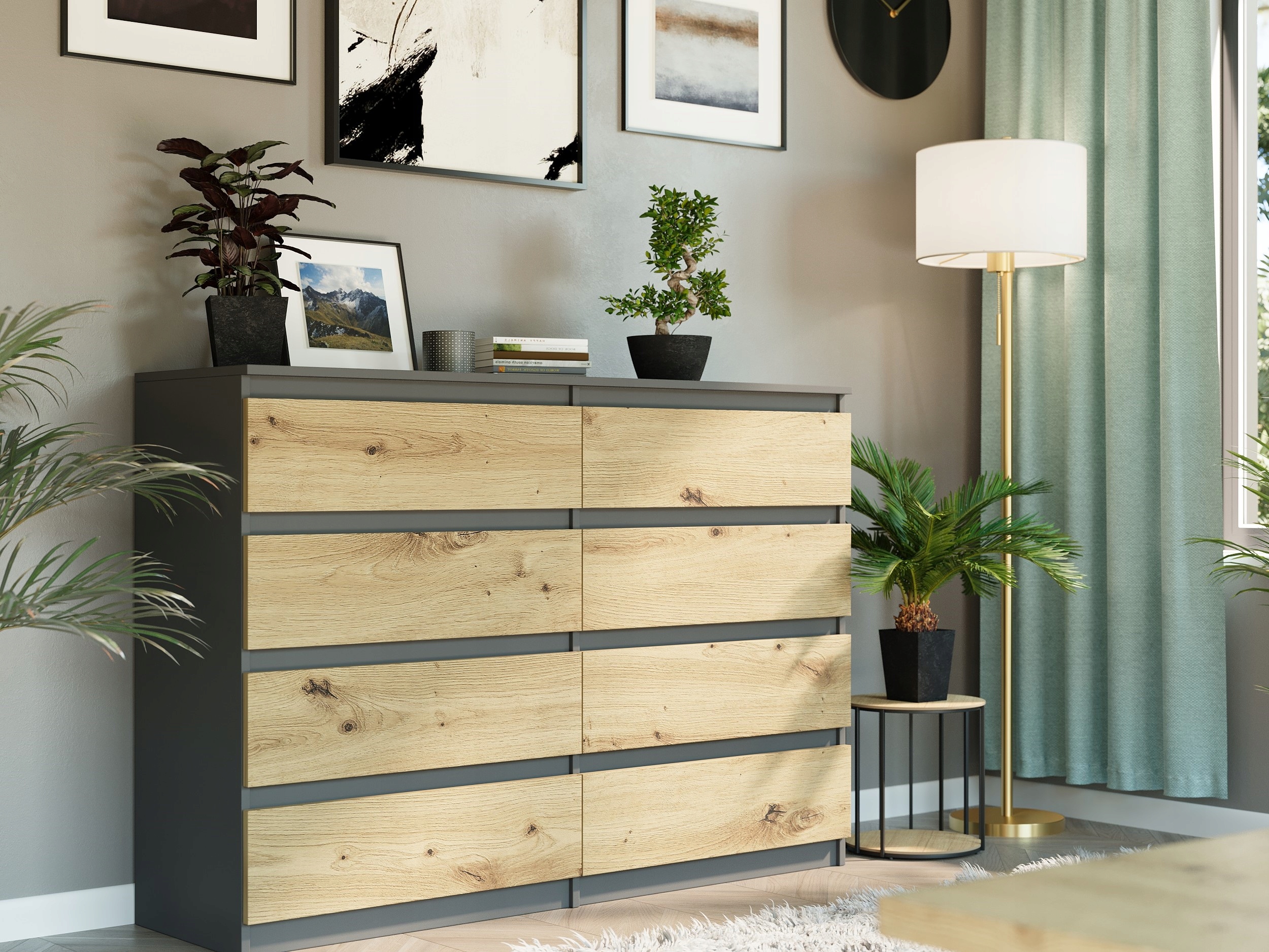 Nowoczesna KOMODA 140CM SZAFKA 8 SZUFLAD PL ANTRACYT MIX ARTISAN R-140-S8