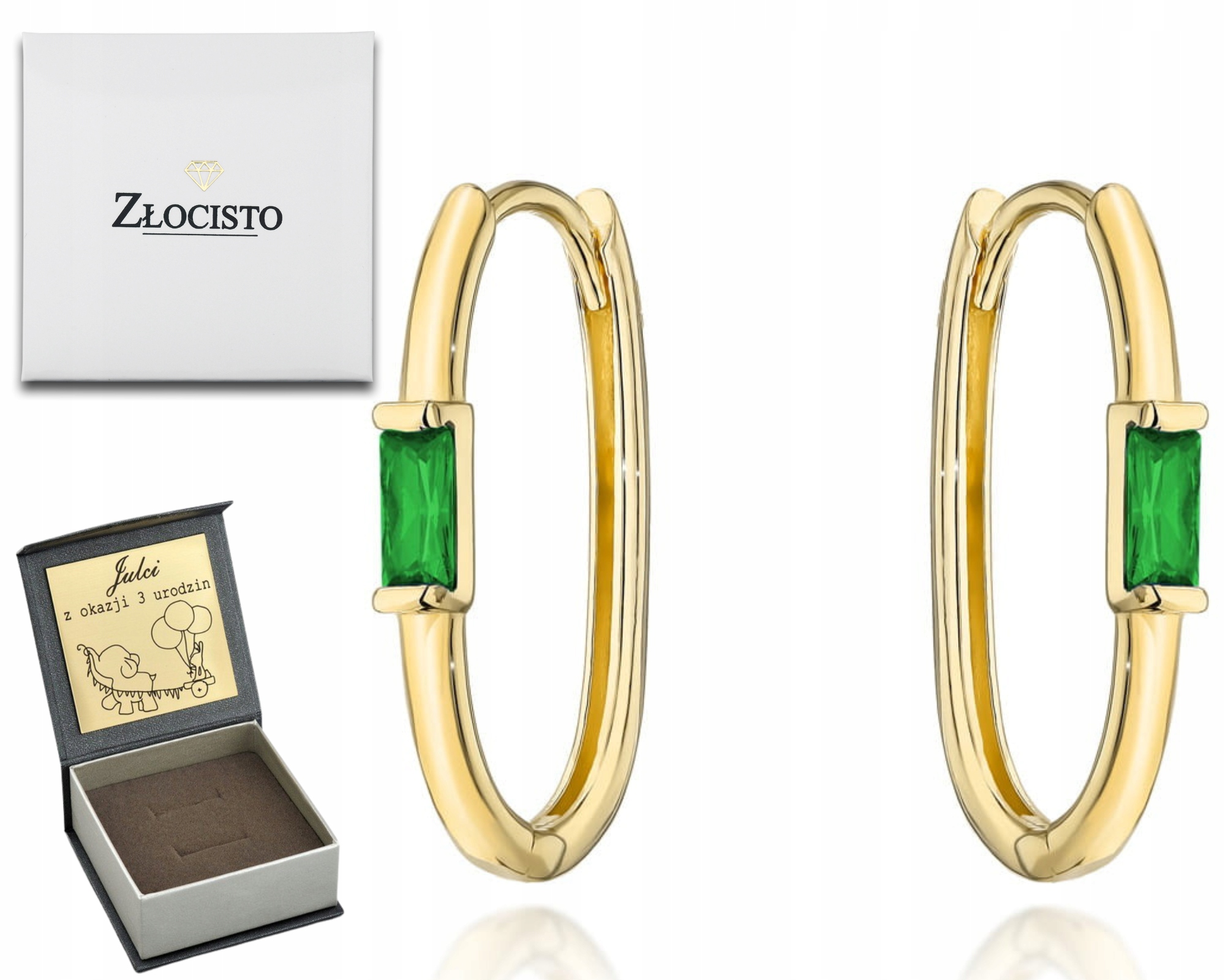 Zlaté Náušnice Se Zeleným Kamenem 585 Gravírování