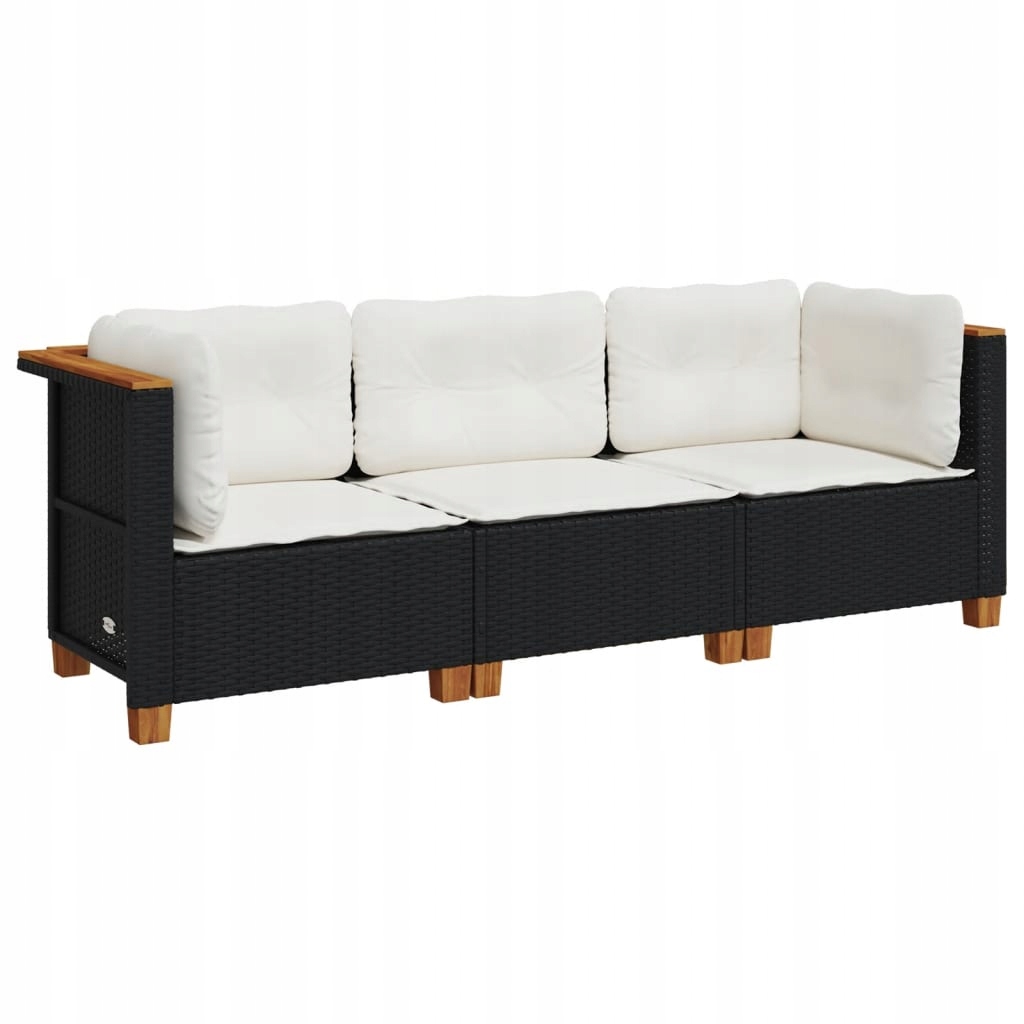 vidaXL Sofa ogrodowa z poduszkami, 3-osobowa, czarna, polirattan