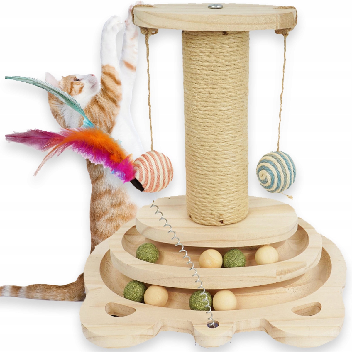 Levně Pro Kočky S Míčky A Peřím, Dřevěné, 3-ÚROVŇOVÉ, Hračka