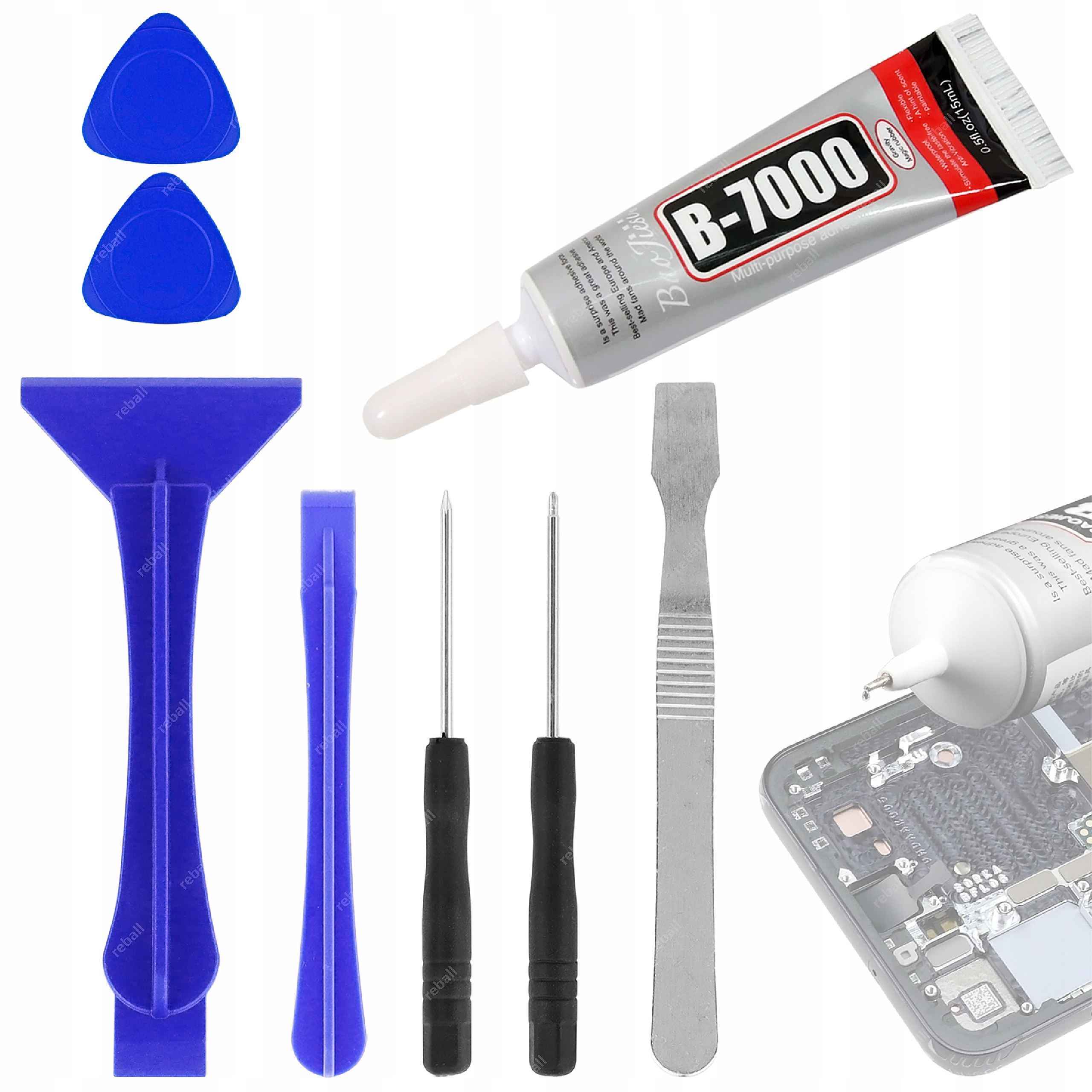 KLEJ B-7000 15ml + ZESTAW DO NAPRAWY TELEFON SMARTFON TABLET SZYBKA 7 ELEM
