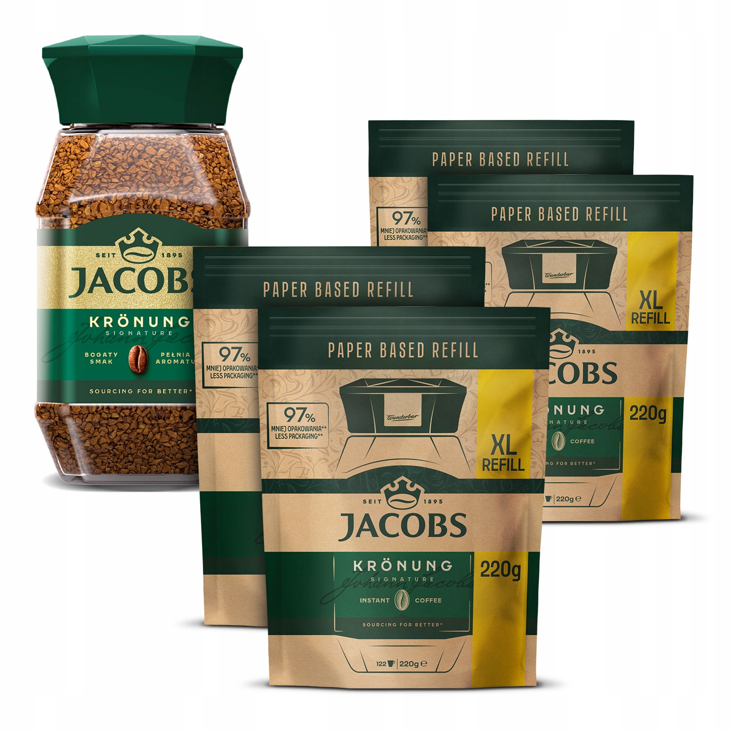 Zestaw kawa rozpuszczalna Jacobs Kronung 200g refill XL zapas 4x 220g