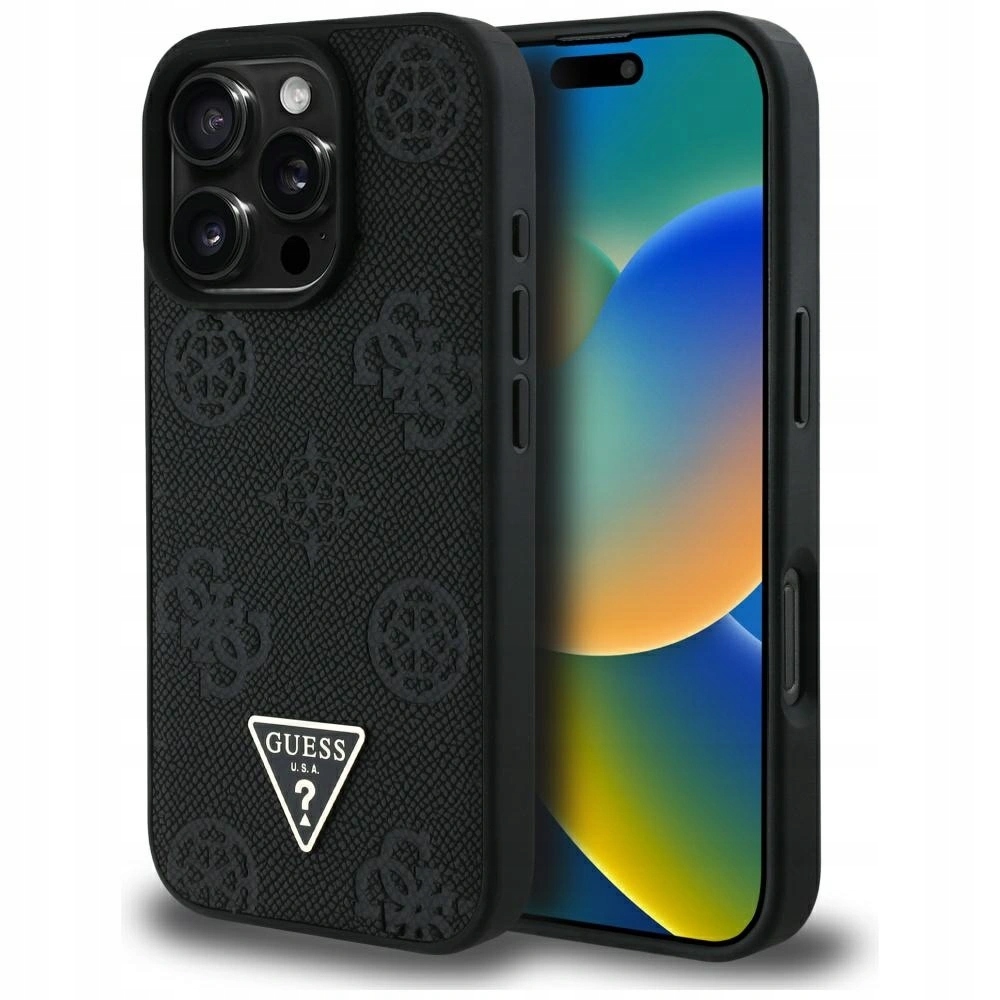 Pouzdro Guess Grained Hot Peony Triangle Logo MagSafe pro iPhone 16 Pro, černé