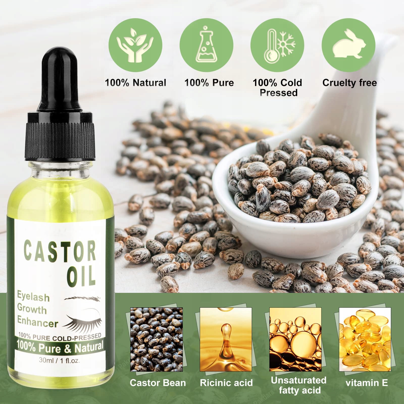 BIO RIZINUSÖL Olej Rycynowy 100% Naturalny Do Włosów Rzęs Brwi Brody 30ml — miniatura 2