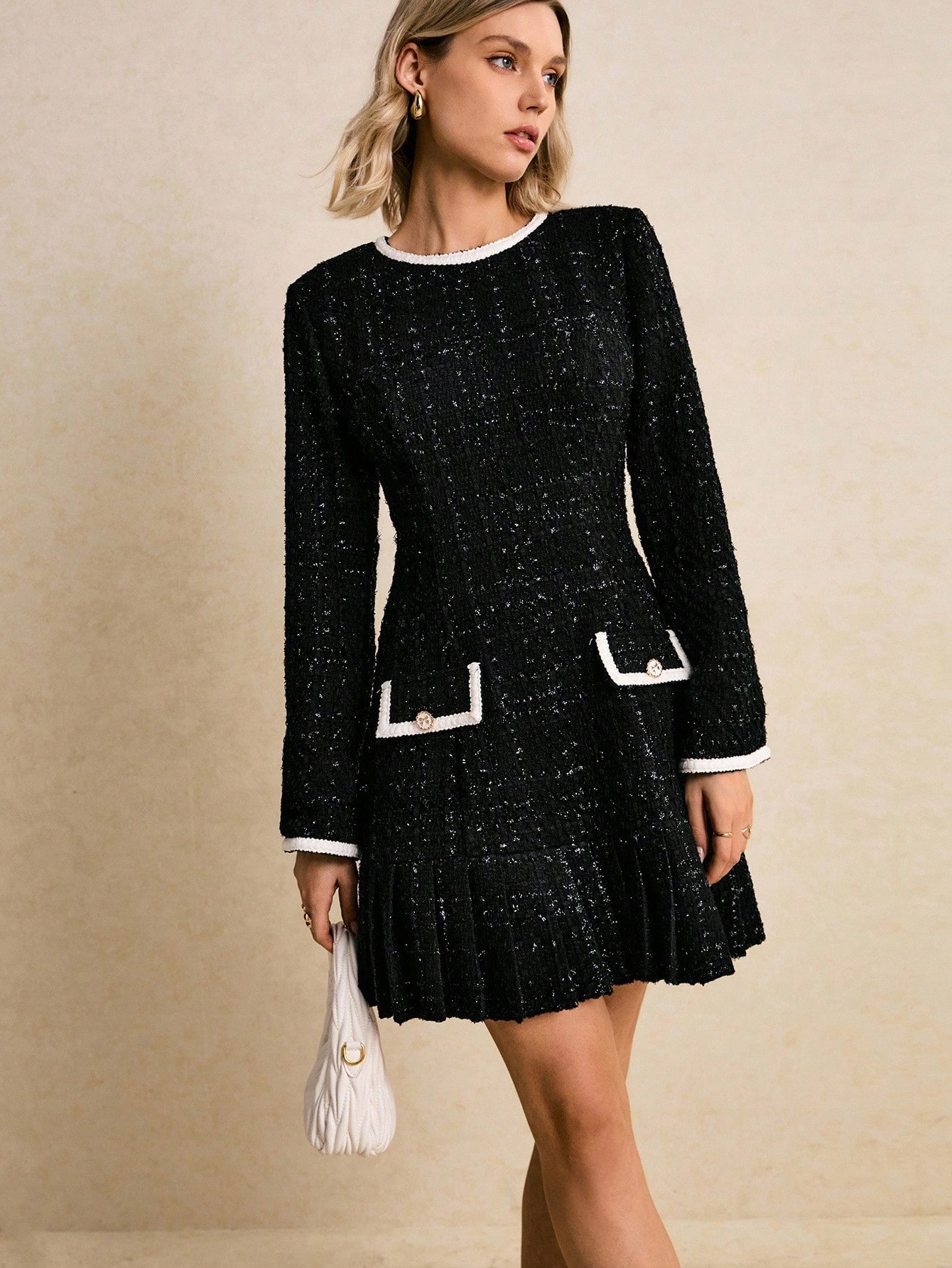 Šaty Tweedová Mini Černá Plisovaná Elegantní Retro Shein S 36