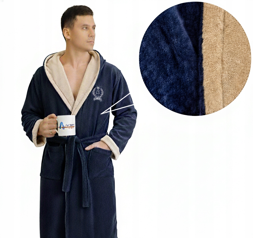 Velurový froté župan modro-béžový 100% Bavlna|Hotel Dom Spa|Unisex