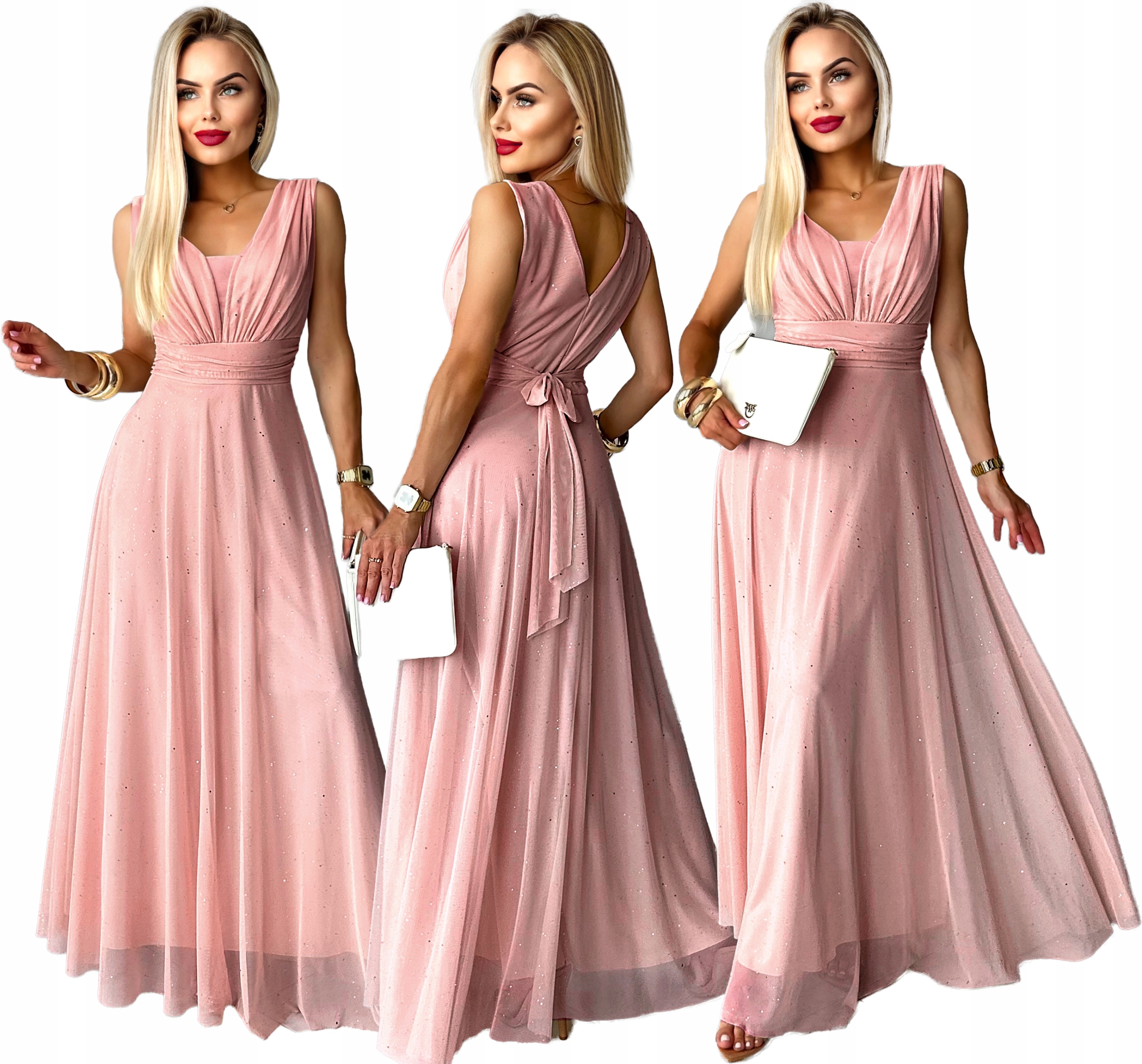 Wizytowa Sukienka Damska długa rozkloszowana szyfon brokat na wesele Sophia