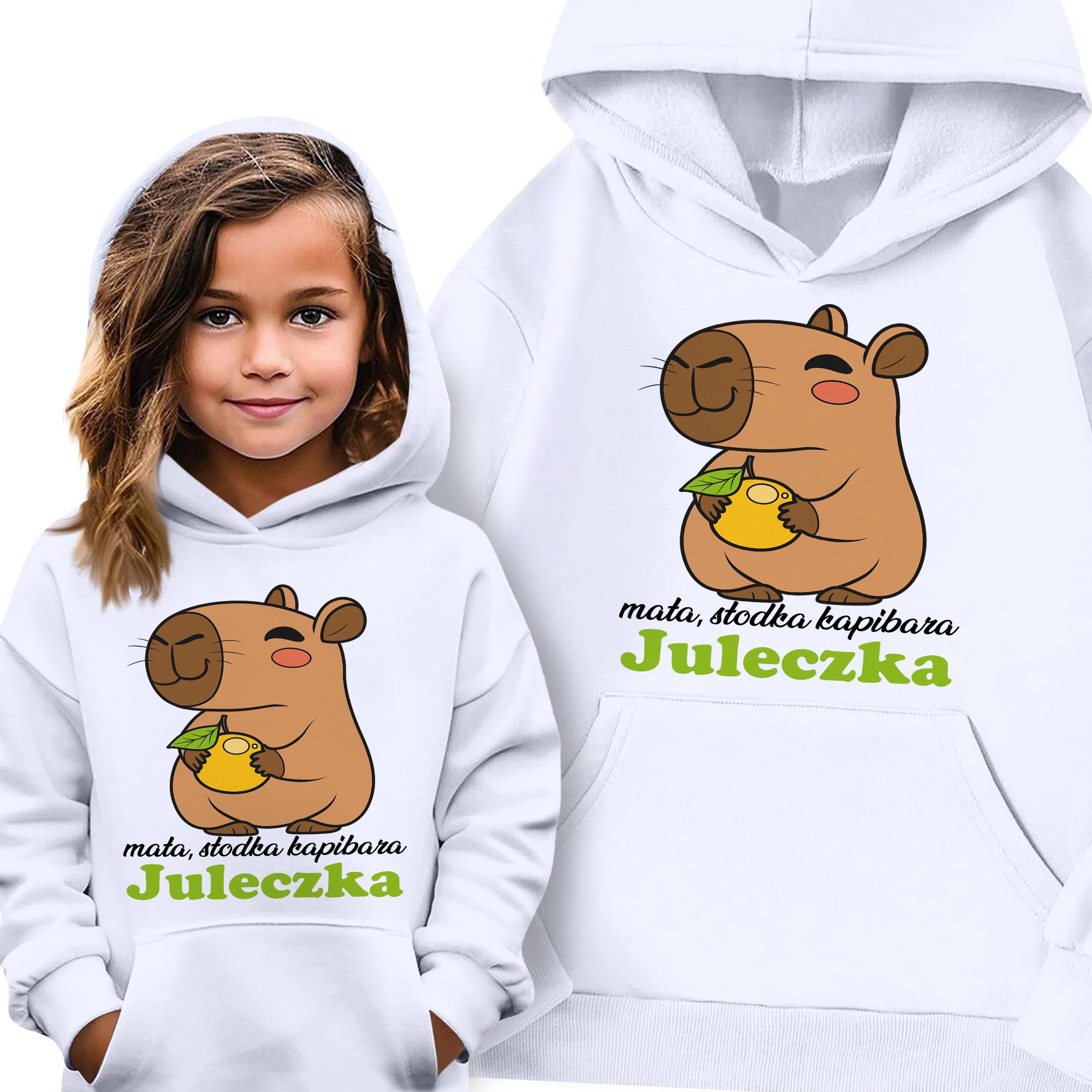 Bluza Dziecięca Z Kapturem Biała Kapibara Z Pomarańczą Imię 140