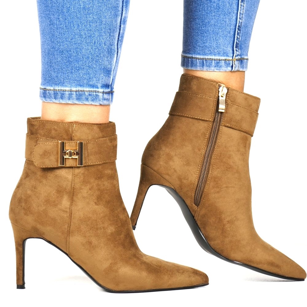 Dámské Kotníkové Boty Na Podpatku Khaki Semišové Nízké Elegantní Zlaté H iBoty Z6