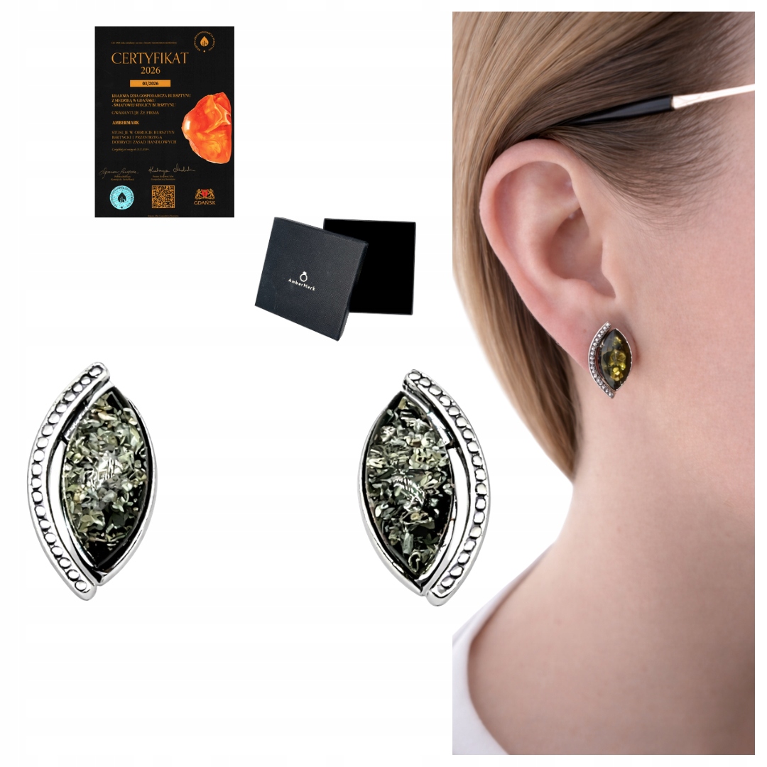 Šroubky stříbro 925 náušnice na tyči se zeleným jantarem a markýzou