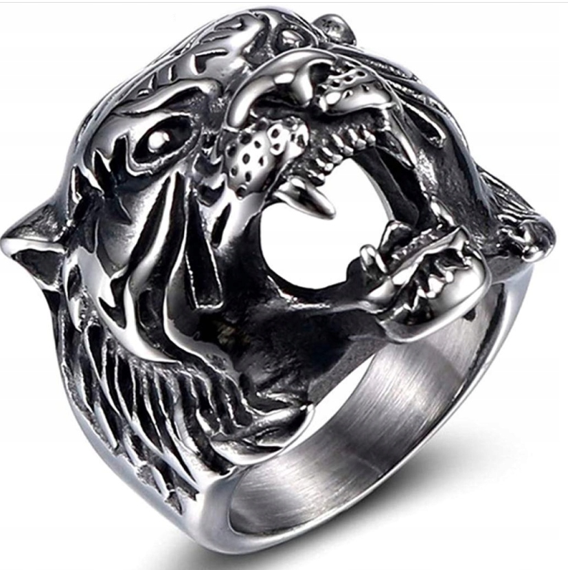 PIERŚCIEŃ SYGNET TYGRYS GŁOWA TYGRYSA GOTYCKI STAL