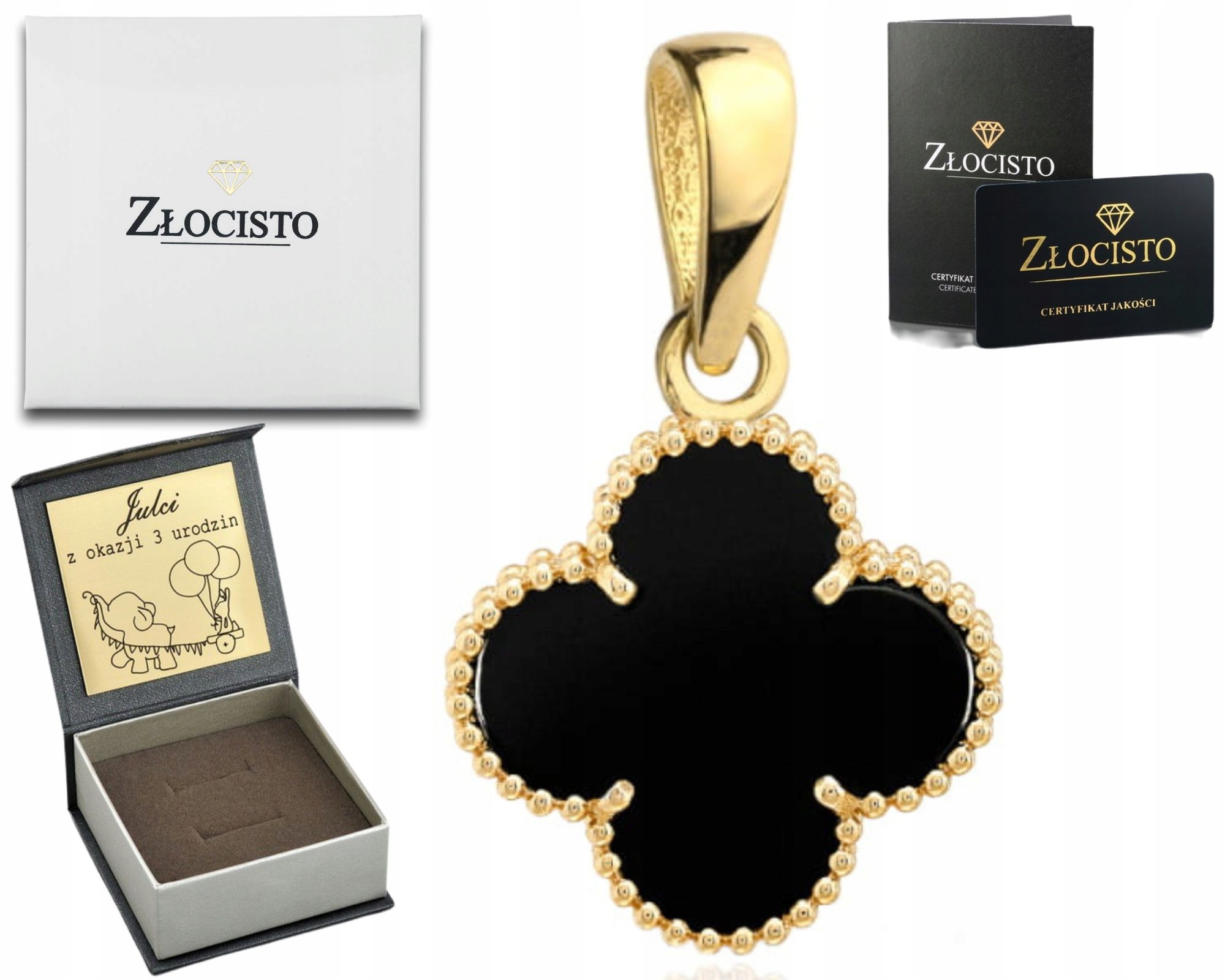 Zlatý Přívěsek S Černým Čtyřlístek Naštěstí Zlato 585 Dárek Gravírování