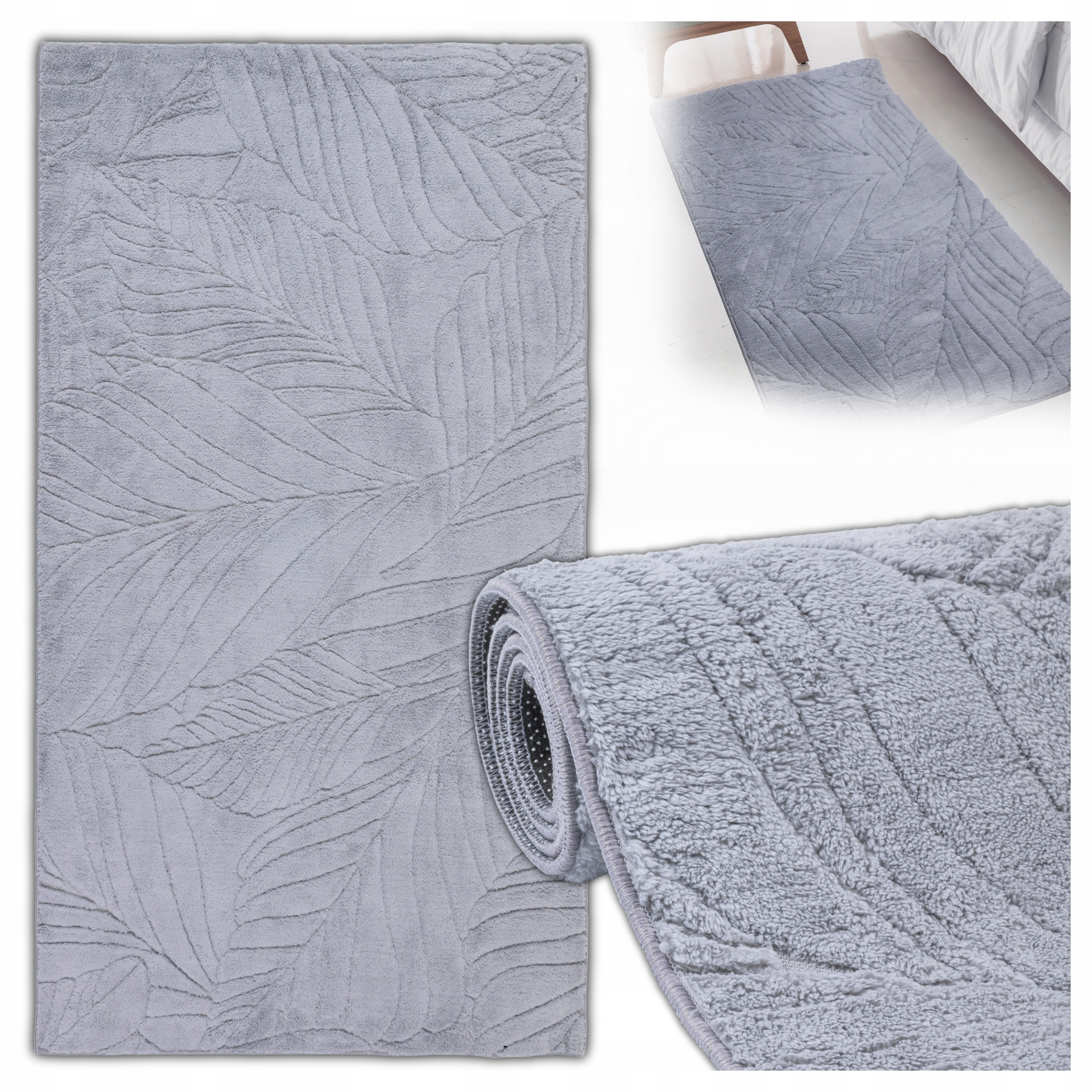 Koberec Šedý do obývacího pokoje Plyšový Protiskluzový Měkký 80x150 cm Listy