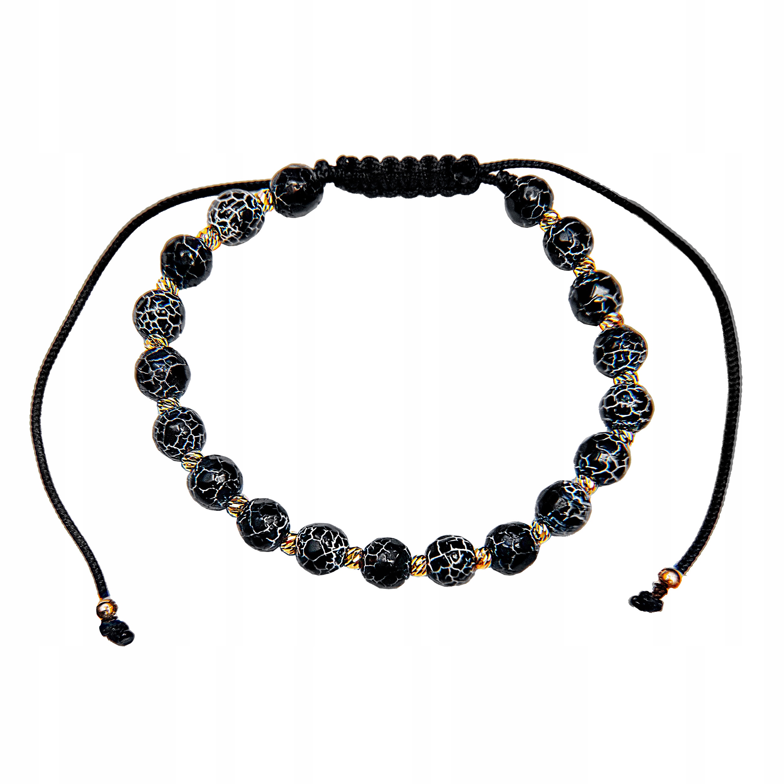 Zlatý náramek 585 s mramorovými a diamantovými kuličkami na provázku