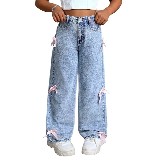 Dziewczęce Spodnie Jeansy Wysoki Stan Szerokie Y2K Niebieskie 160 cm