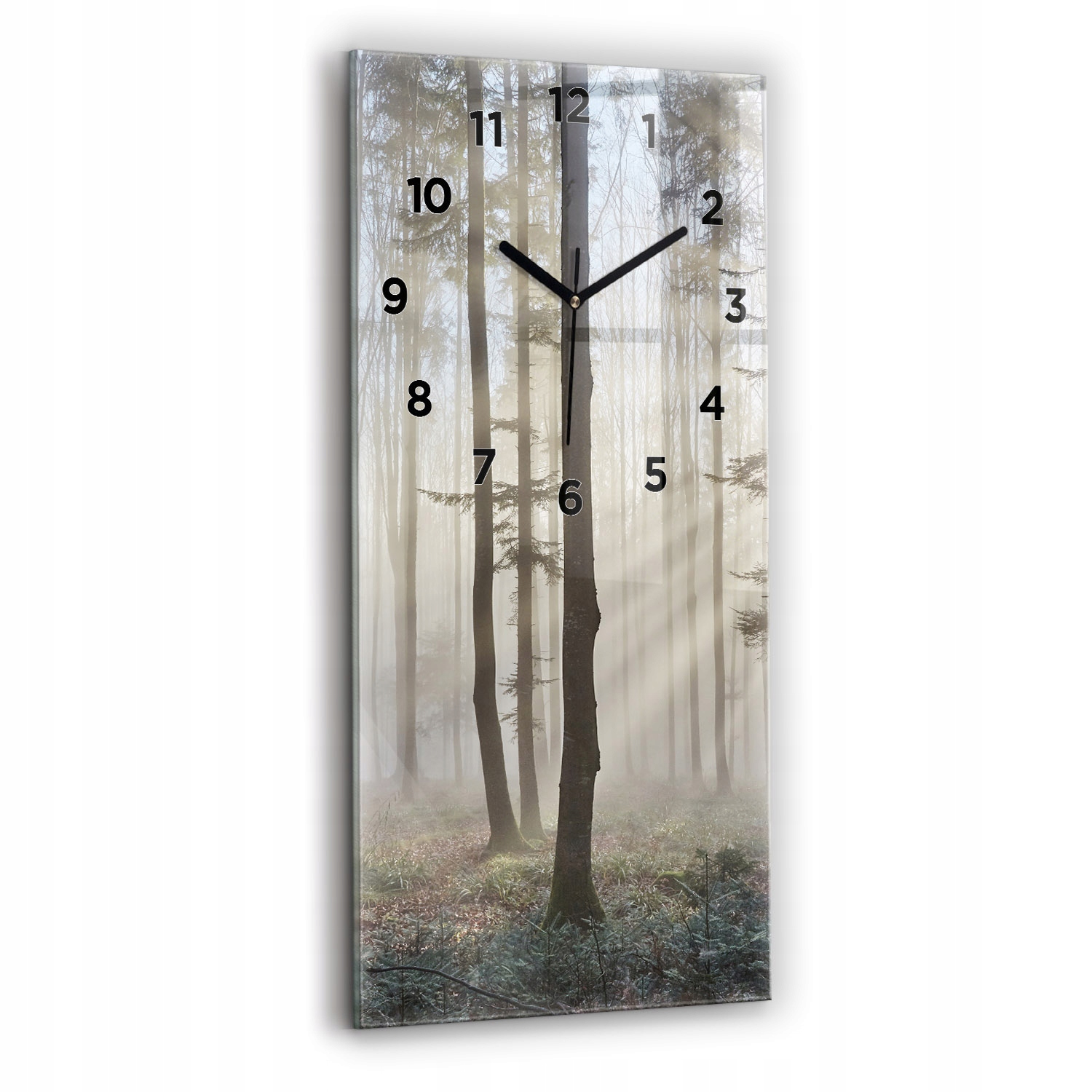 Nástěnné vertikální skleněné hodiny pro moderní interiéry Les v mlze 30x60 cm