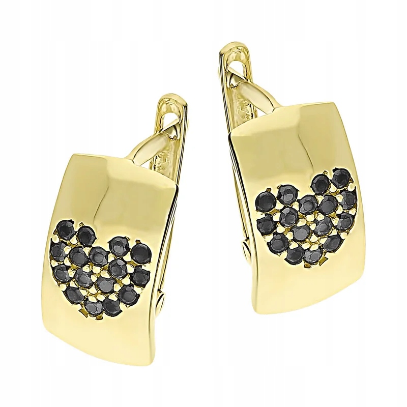 zlaté náušnice pro ženu 585 plechů s černými zirkony srdce 1.75 g