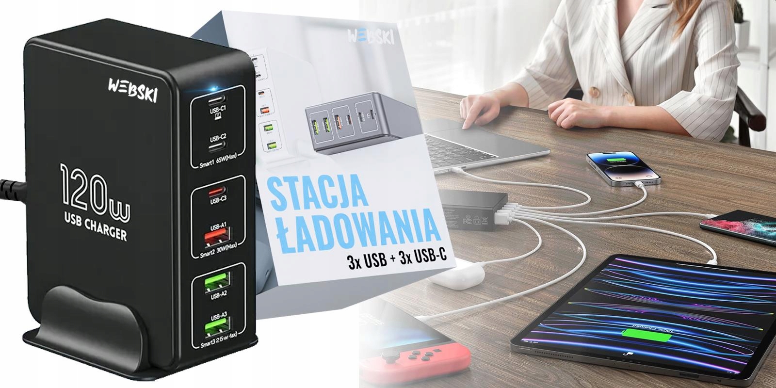 Szybka Mocna Ładowarka Sieciowa Stacja 120W 6xUSB QC do Telefonu Smartfona Stan opakowania oryginalne