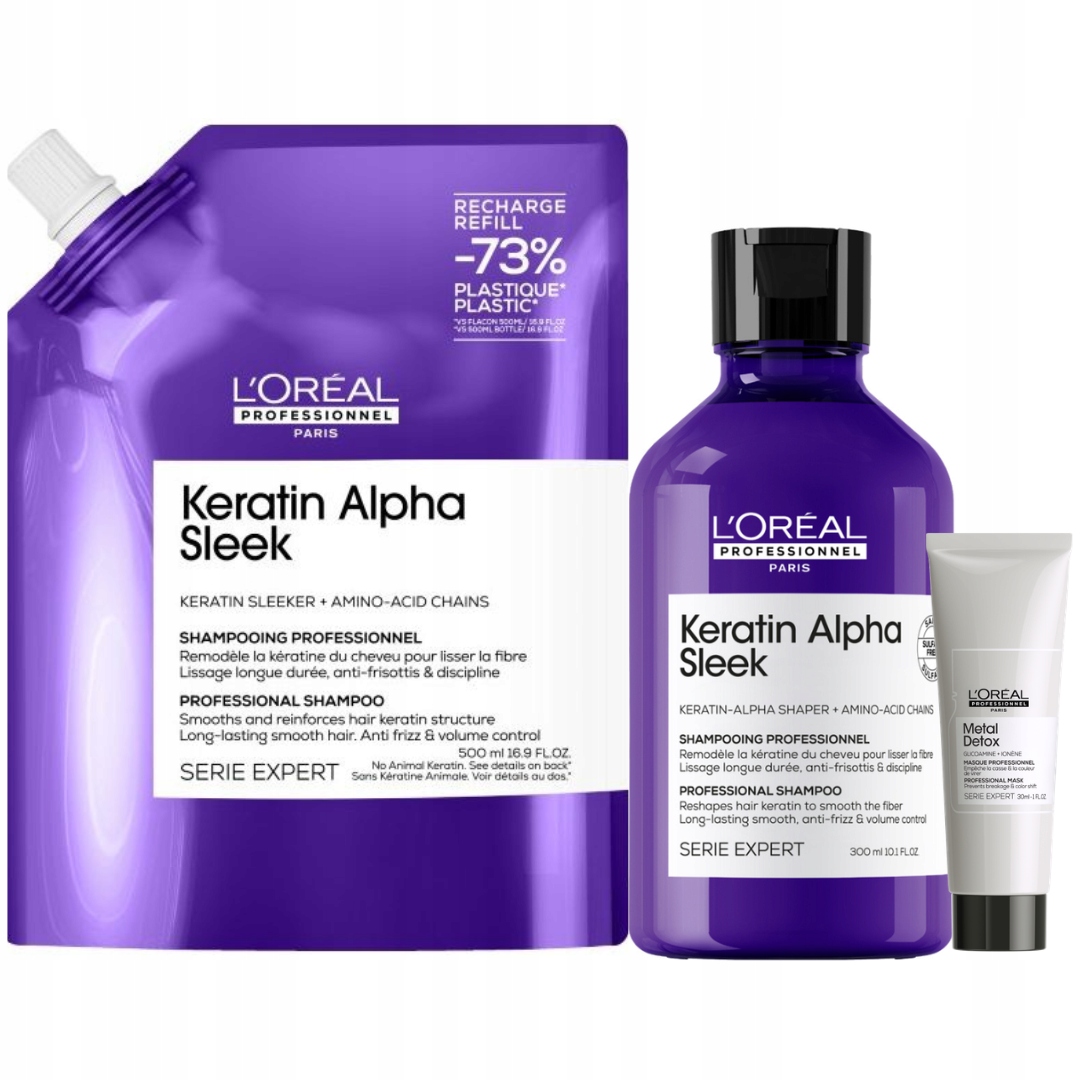 Loreal Keratin Alpha Sleek wygładzający szampon do włosów puszących+ Refill