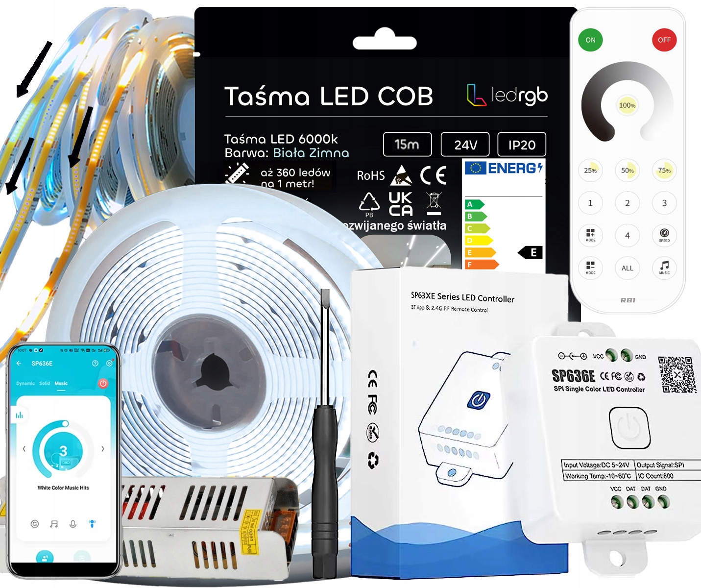 Set Led Páska 15 m (3x5) Bílá 6000 K Napájecí Zdroj Plovoucí Zónová Apka 24 V