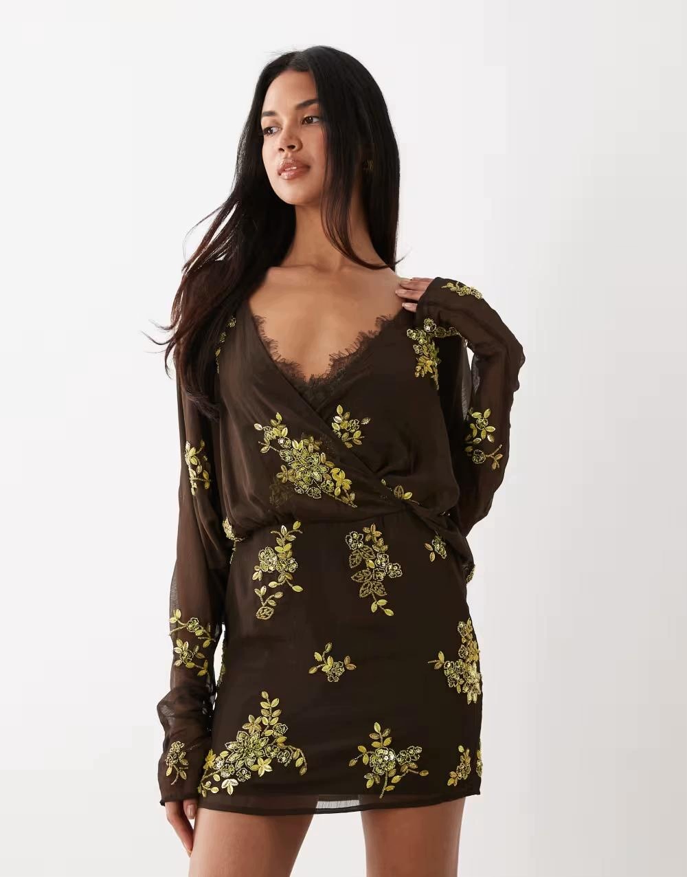 Hnědá Mini Šaty V-neck Zdobení B25__L