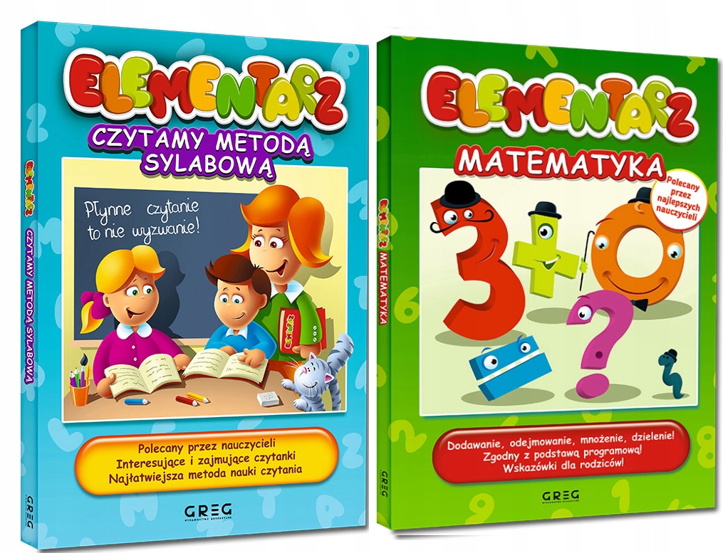 ELEMENTARZ CZYTAMY METODĄ SYLABOWĄ + ELEMENTARZ MATEMATYKA ĆW DO NAUKI GREG