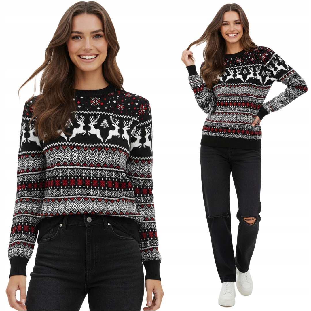 Černý dámský vánoční svetr s norským vzorem sobů, hvězdičky, vlna, velikost XL