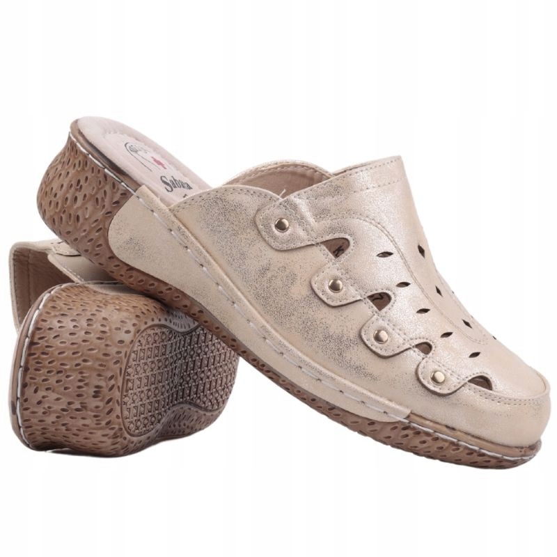 Złote Klapki Damskie Zakryte Na Platformie Wkładka Medyczne Ortopedyczne