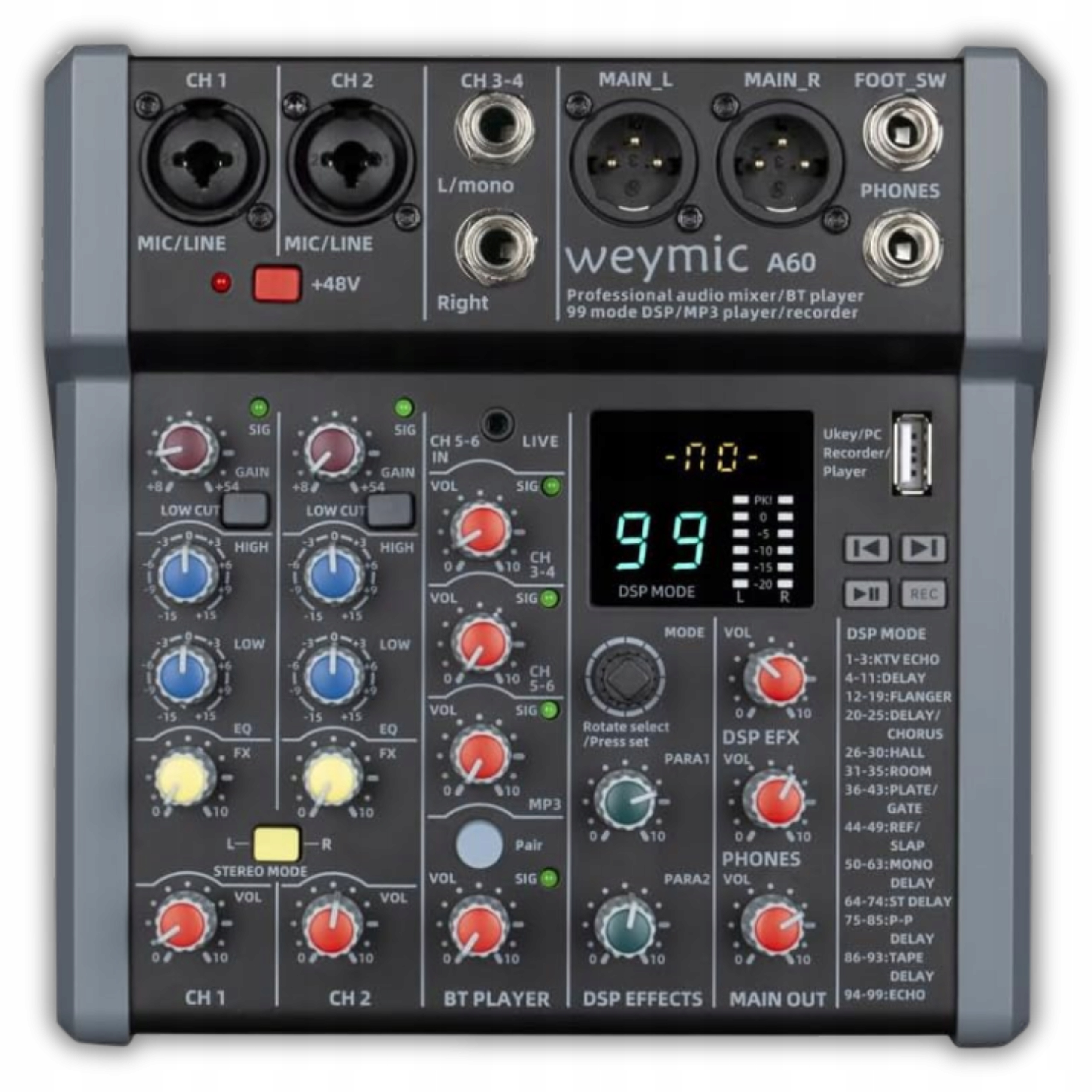 Mikser Audio Dj A60 6-KANAŁOWY Usb Bluetooth Muzyka Scenicznakaraoke