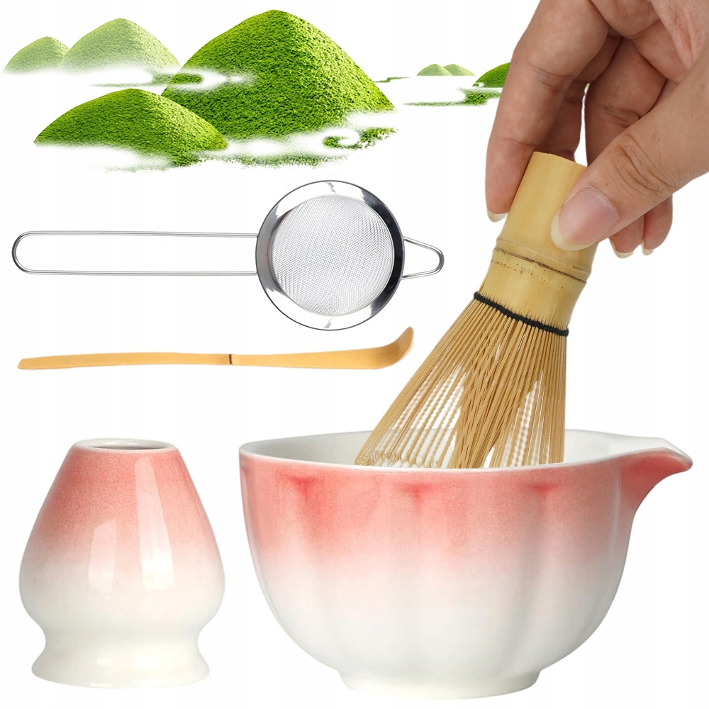Levně Ceremoniální Sada Pro Matcha 450 ML S Bambusovou Šlehací Metlou Růžovo-bílá