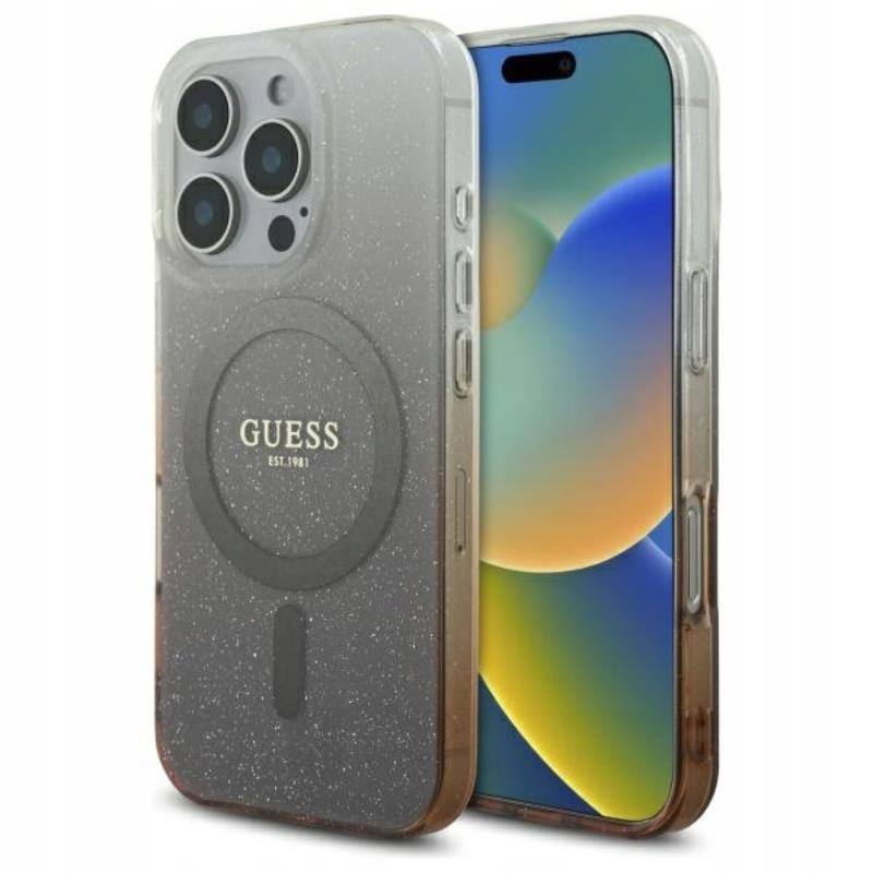 Guess IML Glitter Gradient MagSafe – Pouzdro pro iPhone 16 Pro (hnědé)