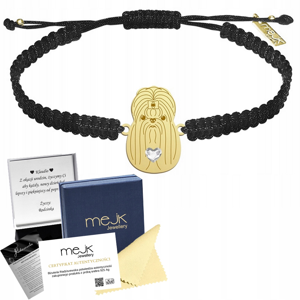 Zlatý náramek s Shih Tzu 925 Dárek Makramé Žena Gravírování Bonus