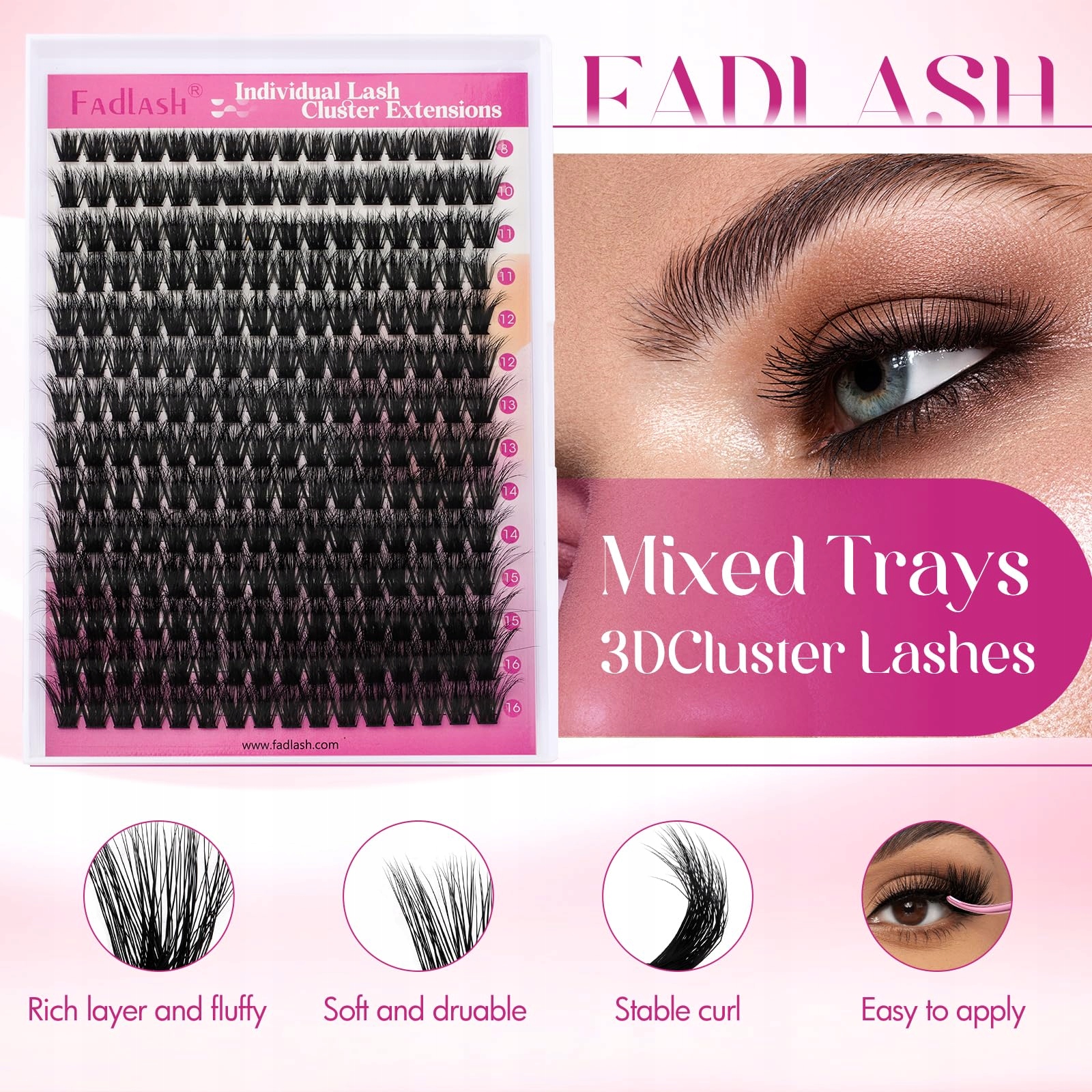 FADLASH Rzęsy Kępki 100D 0.07D Curl 3D Efekt Mix 8-16mm Dla Początkujących — miniatura 2