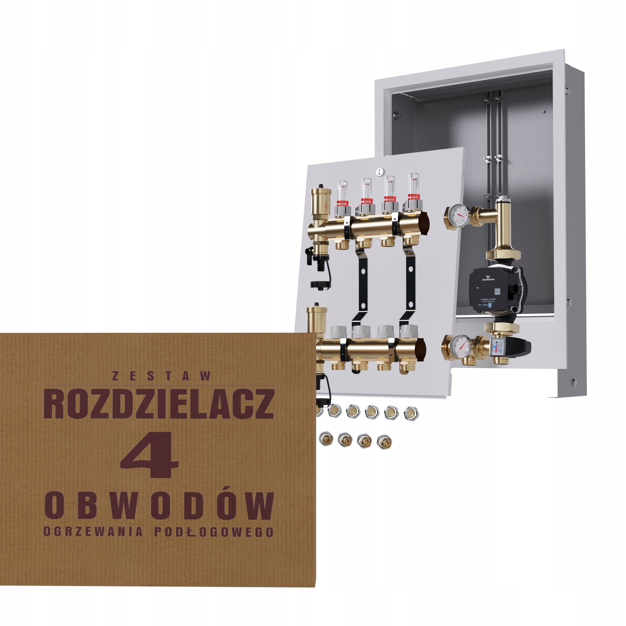 Rozdělovač pro podlahovku 4 čerpadla Grundfos podomítková skříňka Pex