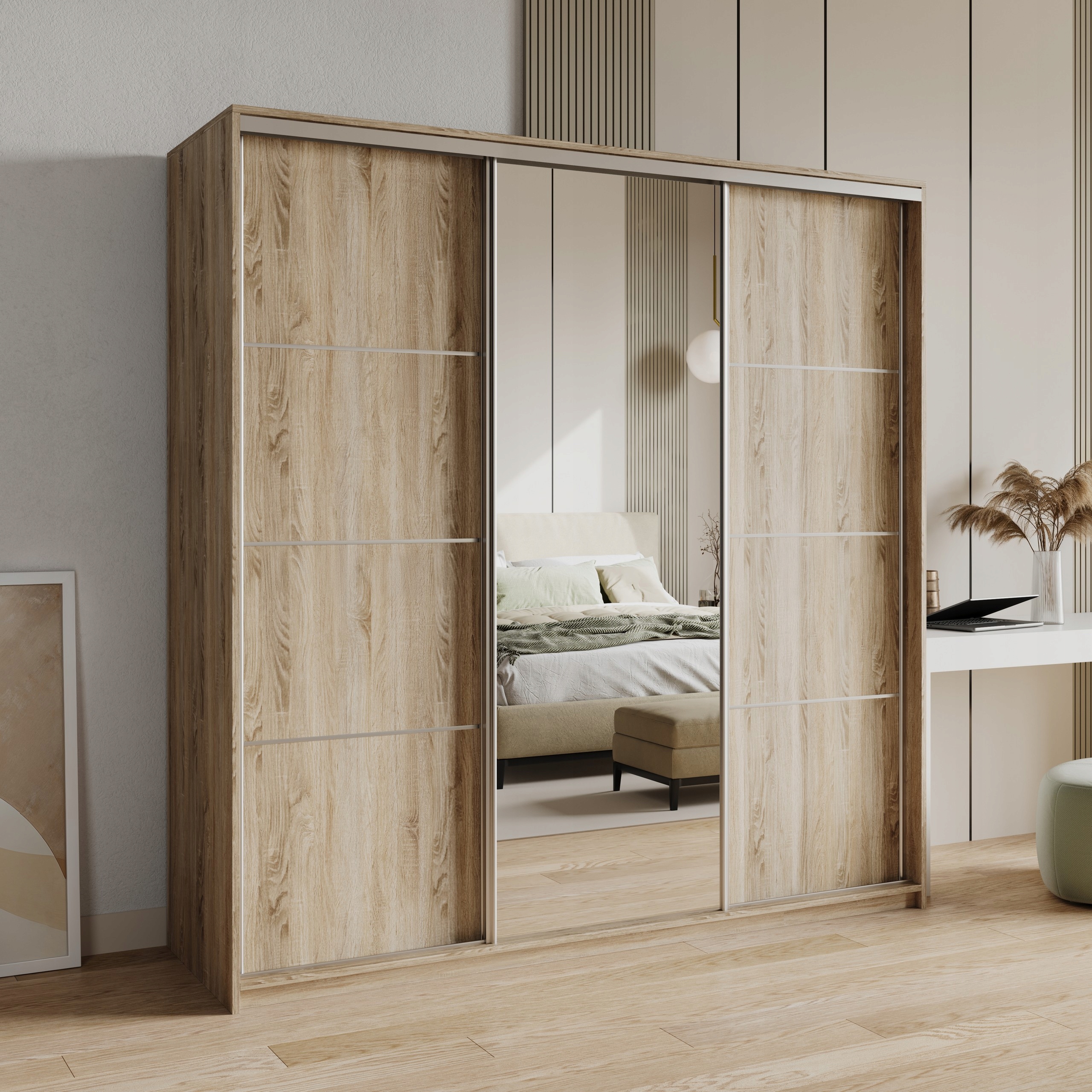 Skříň 180 cm se zrcadlem Zásuvky Třídveřová Sonoma Satén