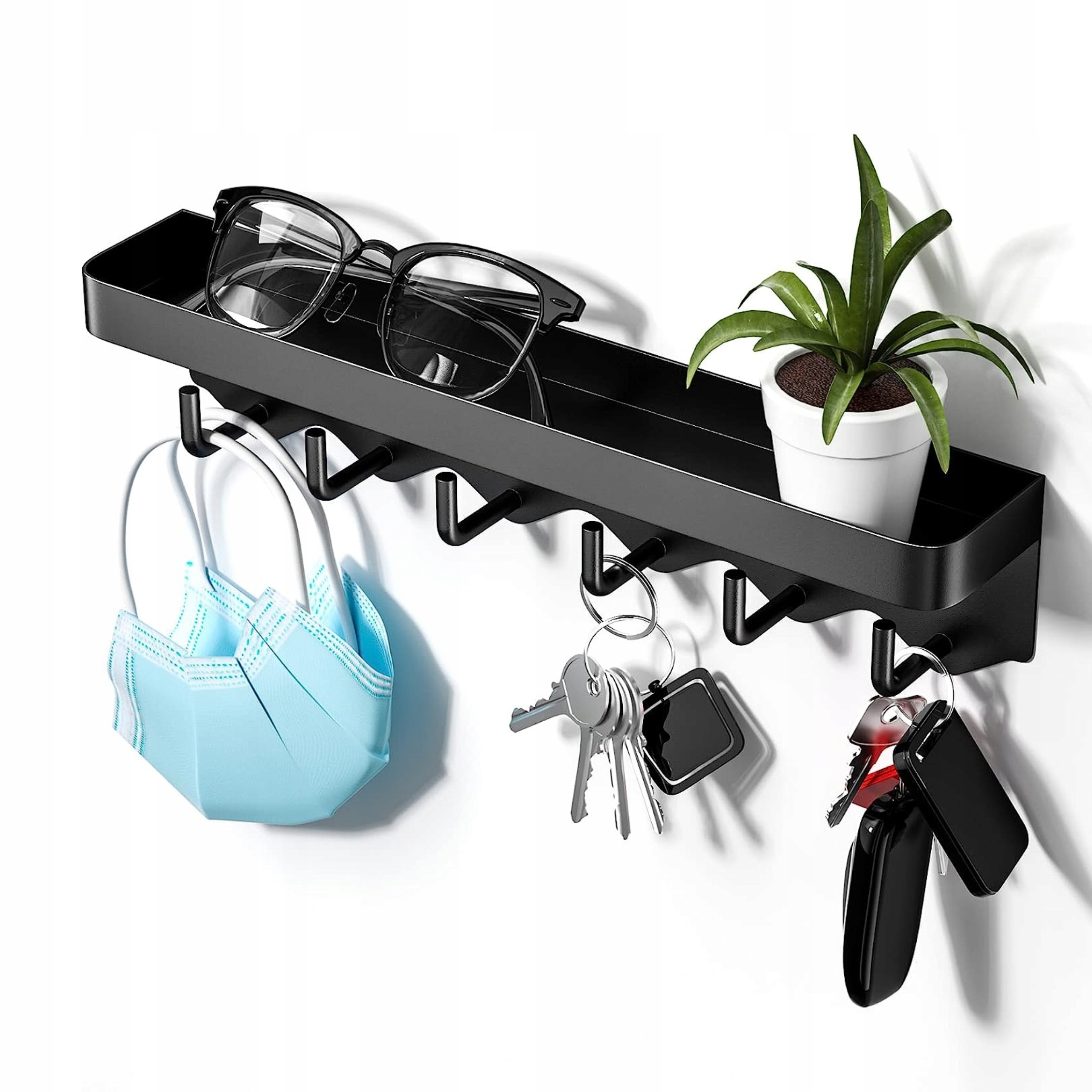 DRŽIAK VEŠIAKA NA KĽÚČE, POLIČKA NA OBLEČENIE, 6 HÁČIKOV, ČIERNY