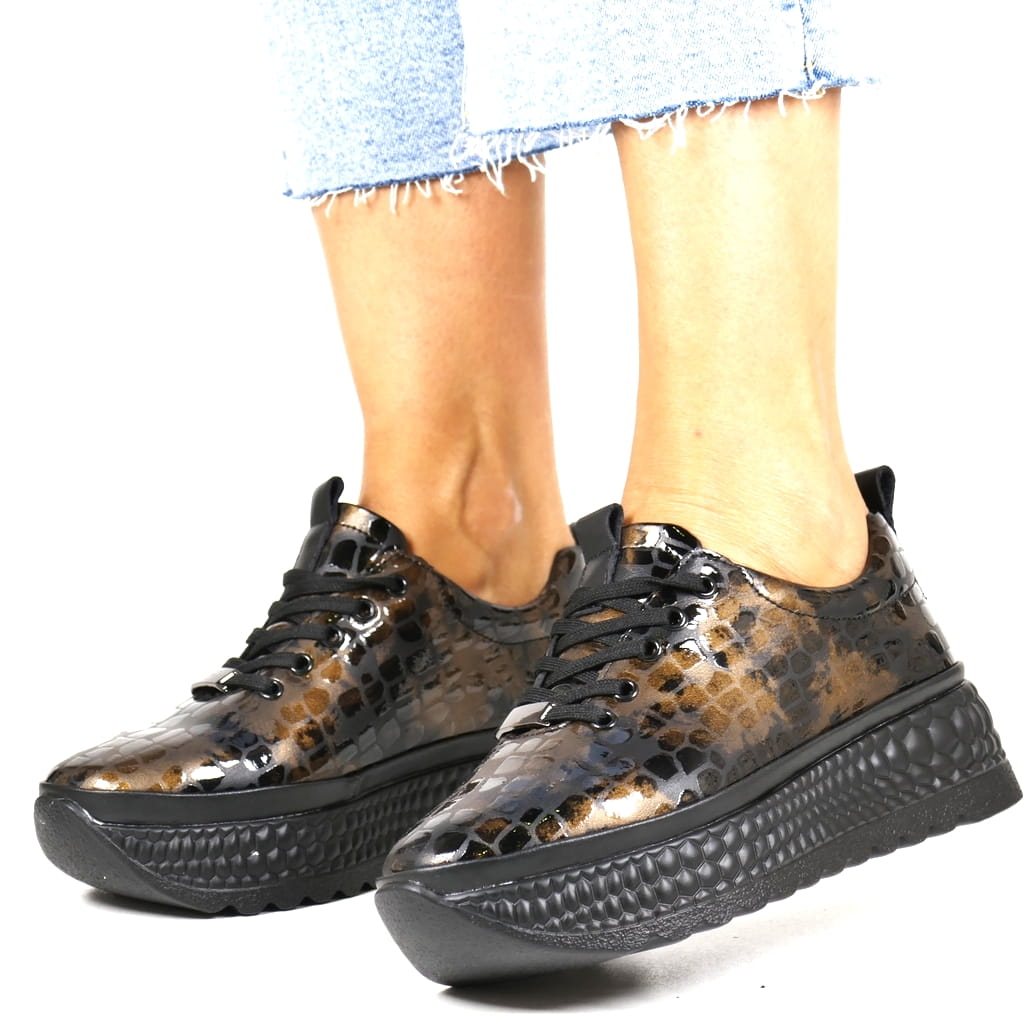 Hnědé Kožené Tenisky S Polobotkami Na Silné Podrážce, Módní Lak New 36