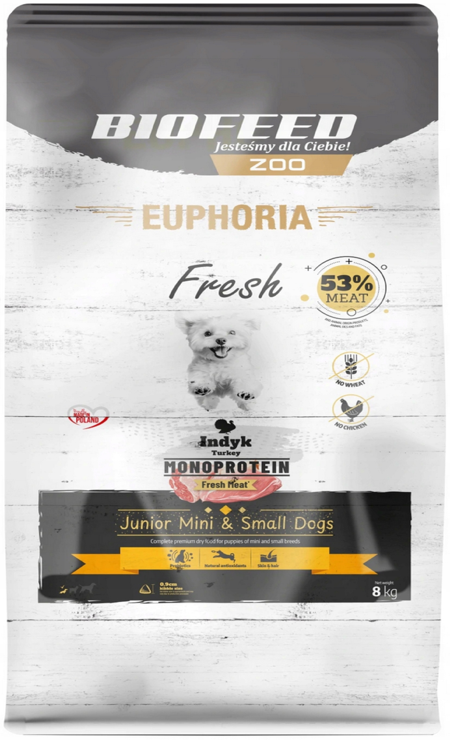 Sucha Karma Euphoria Fresh rasy mini i małe Monoprotein Indyk Junior 8kg