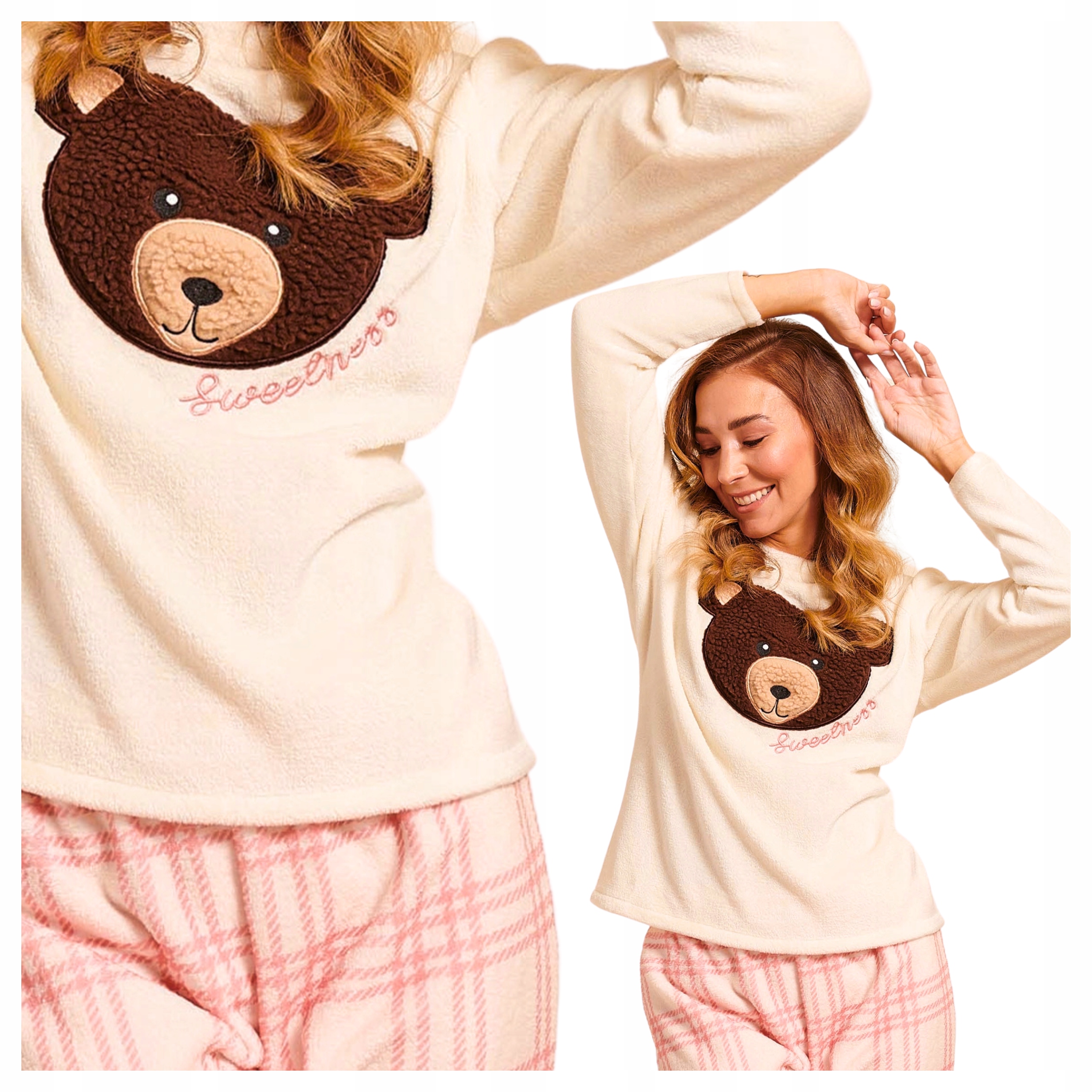 Dámské dvoudílné teplé fleecové pyžamo s medvídkem XL Madlen Ecru