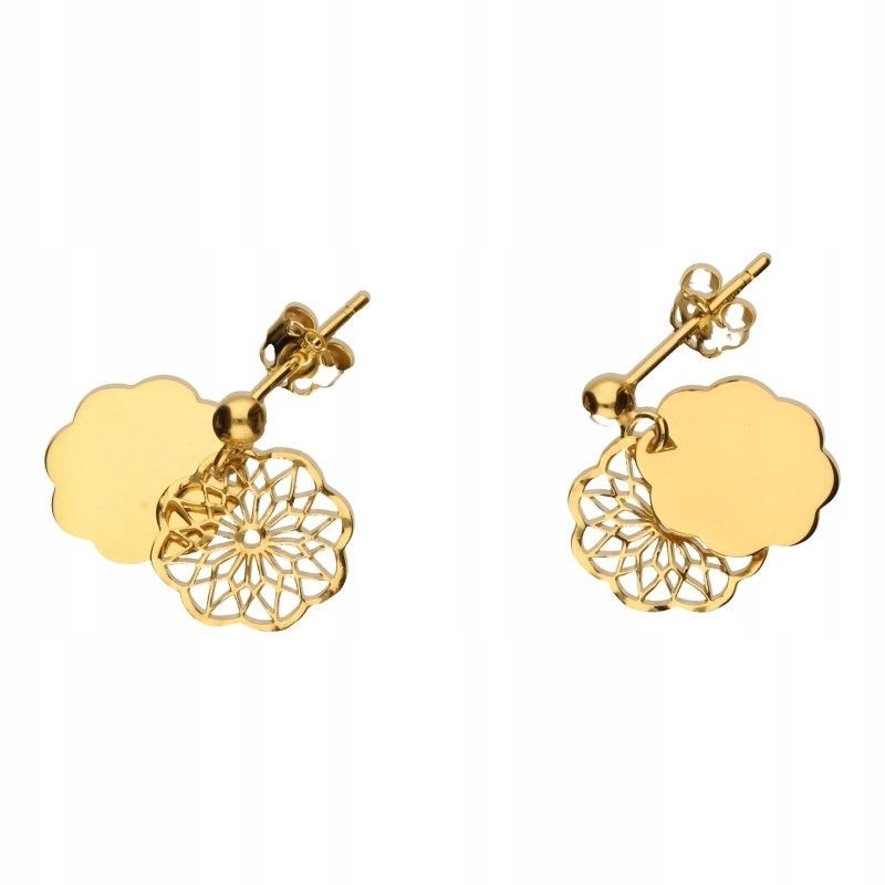 Náušnice zlaté 585 s závěsem 14K, ažurové zlaté květy na tyči