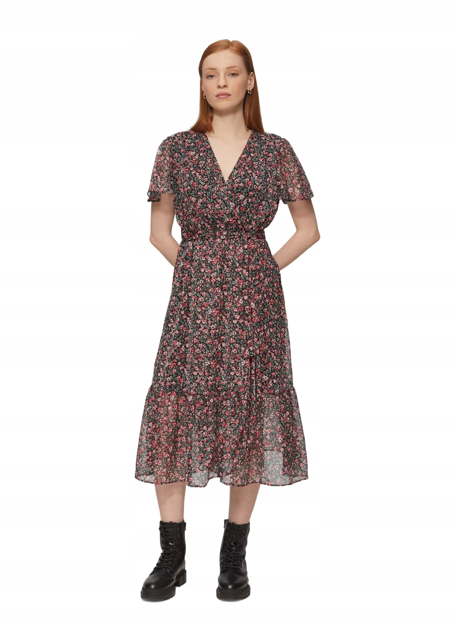 Qs Černá Šaty MIDI S Květinami A Bufetovými Rukávy 38 6BA