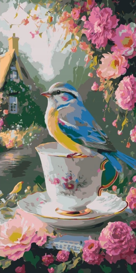 Malování Podle Čísel Pták Modrý Vesnice Růže Květiny Les Příroda 40x80 cm