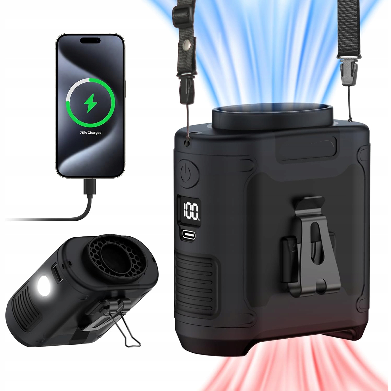 Přenosný Ventilátor S Klipem Na Opasek S Led Diodou, Akumulátorová 5 Rychlostí