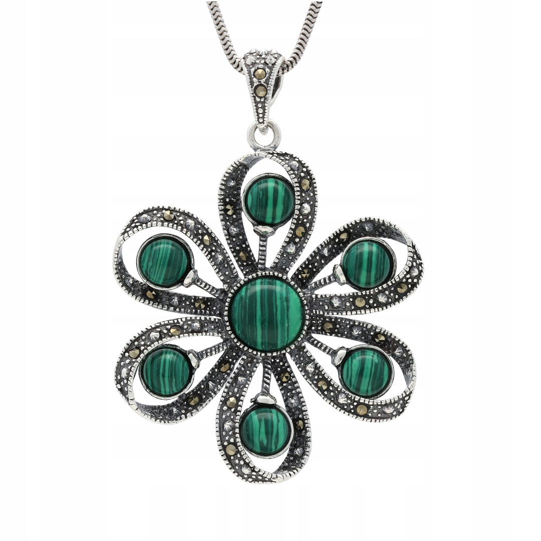 Přívěsek s markýzami a malachitem, květ stříbro