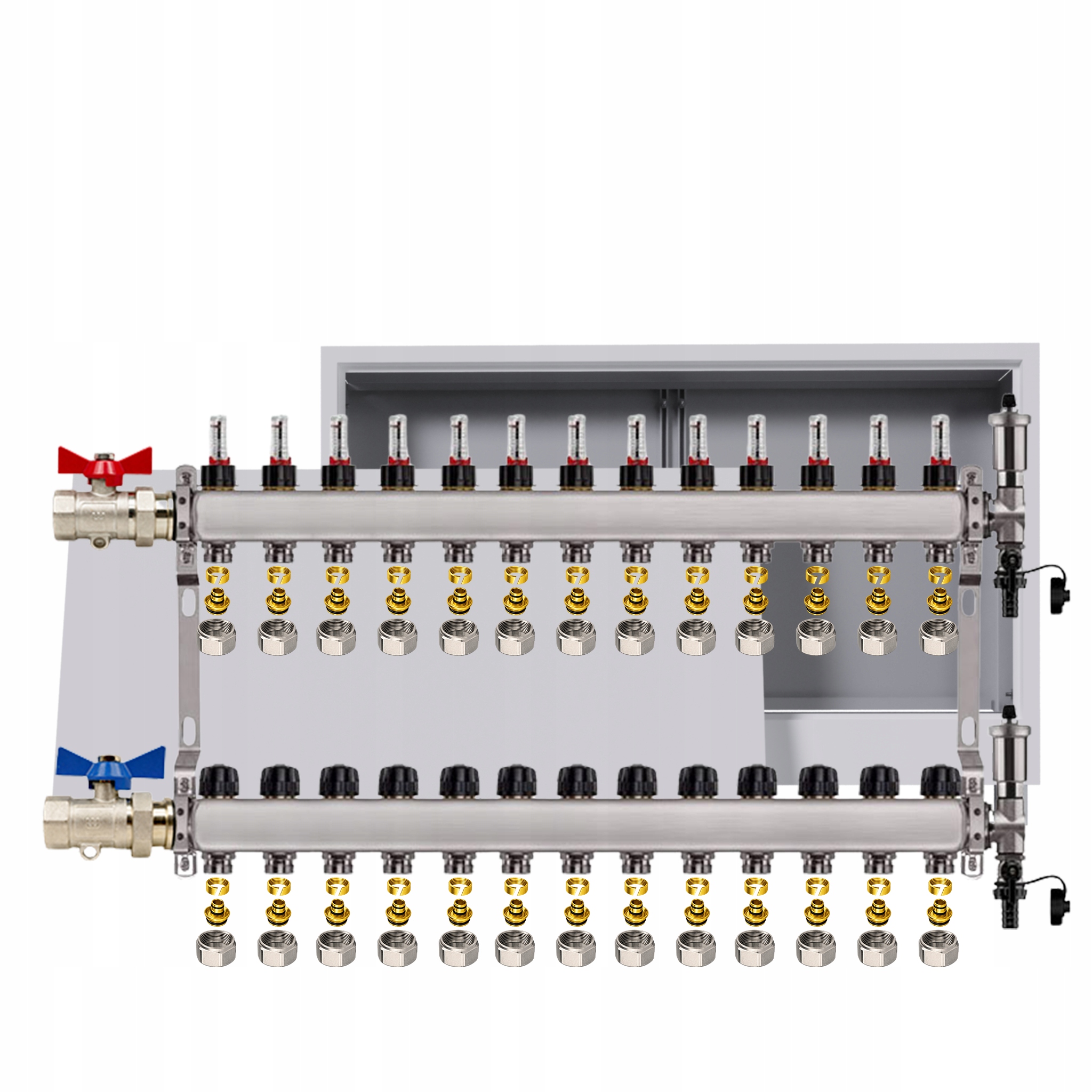 Nerezový rozdělovač pro podlahovou krytinu 13 okruhů podomítková skříňka Pex