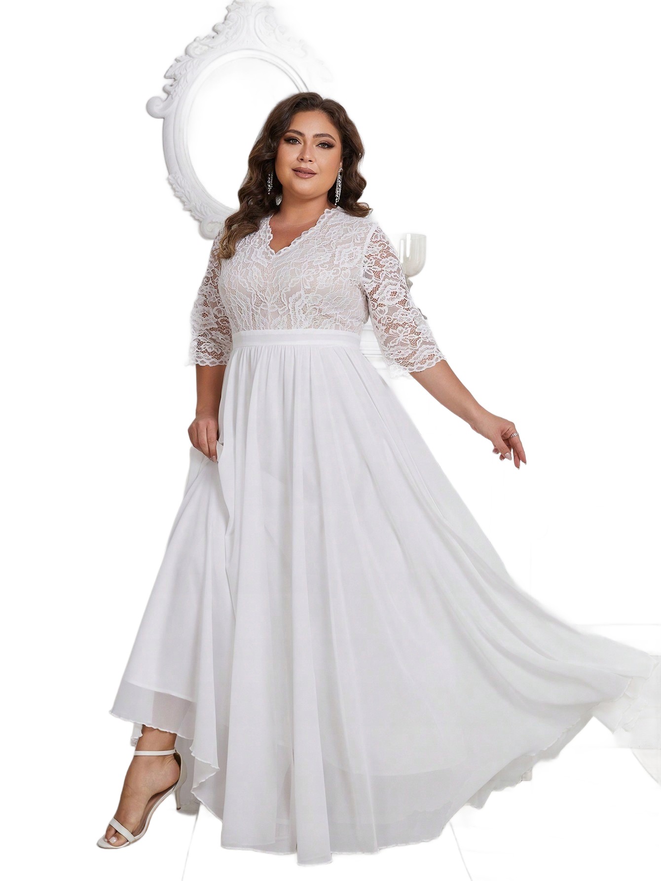 Shein Bílá Svatební Sukně Plus Size S Krajkovým Výstřihem A Rukávem 50 1 M