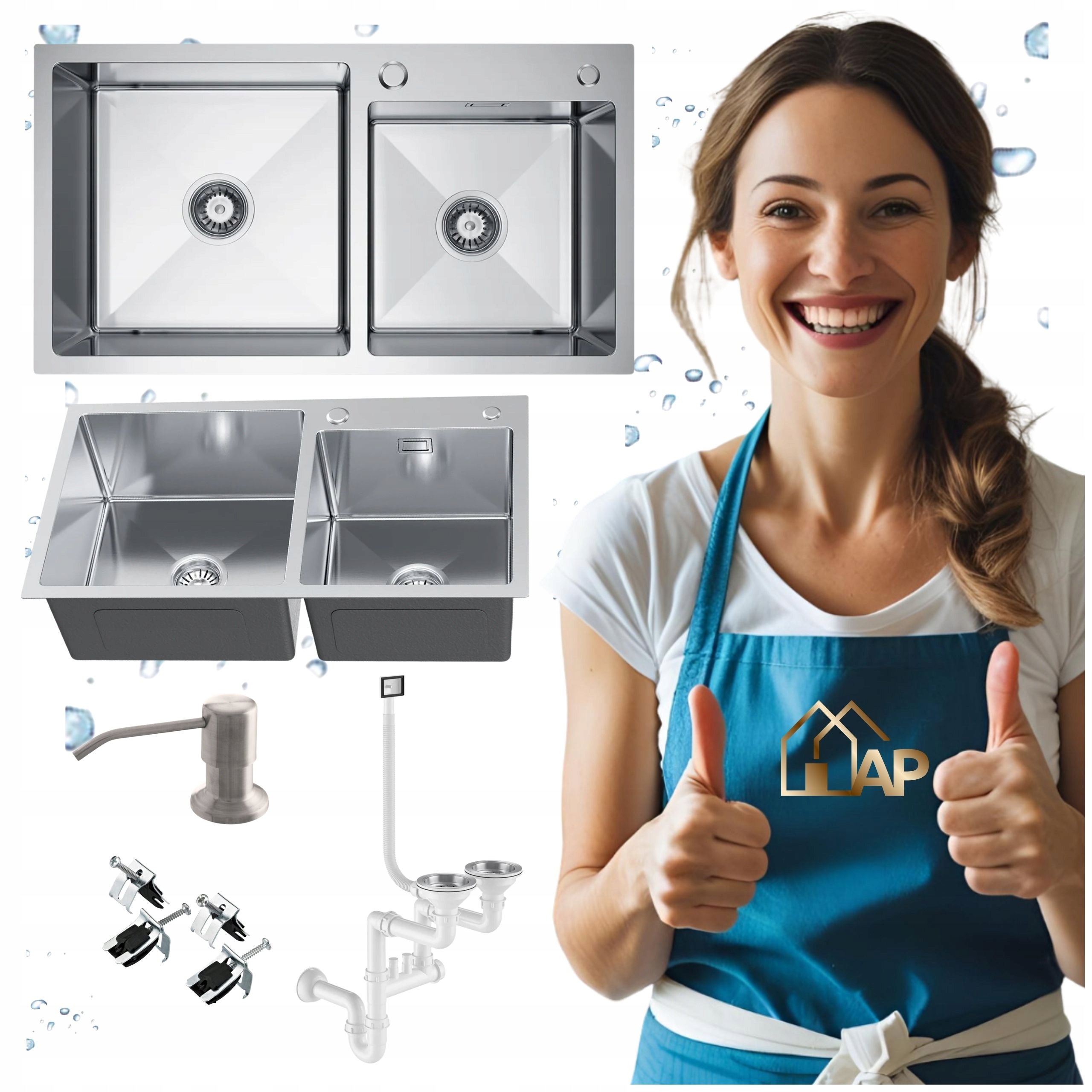 Zlew Kuchenny Zlewozmywak Stalowy Inox 78x45 Dwukomorowy Wpuszczany Syfon