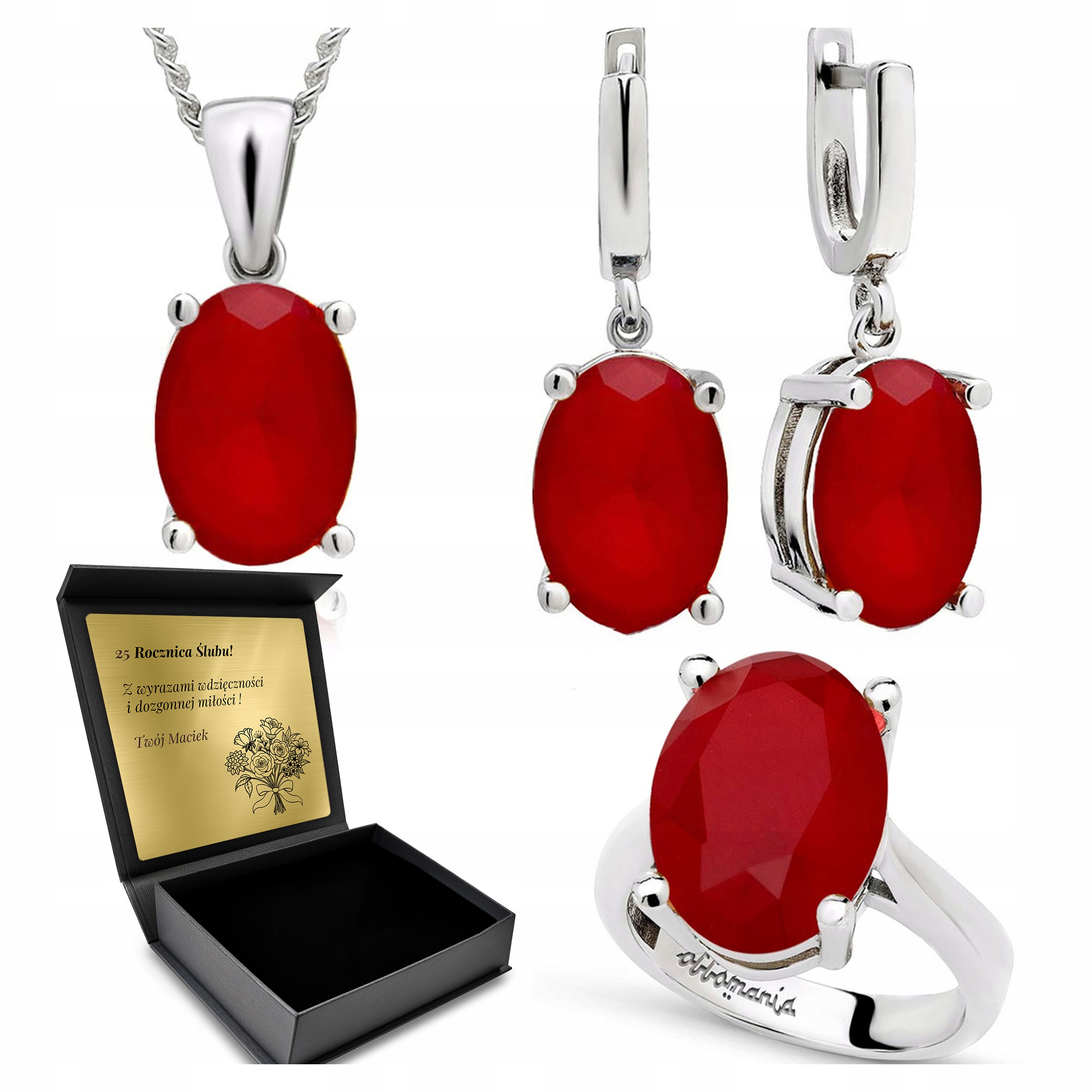 Komplet Stříbrných Šperků 925 Rubín Dárek pro ženu Gravírování Bonus